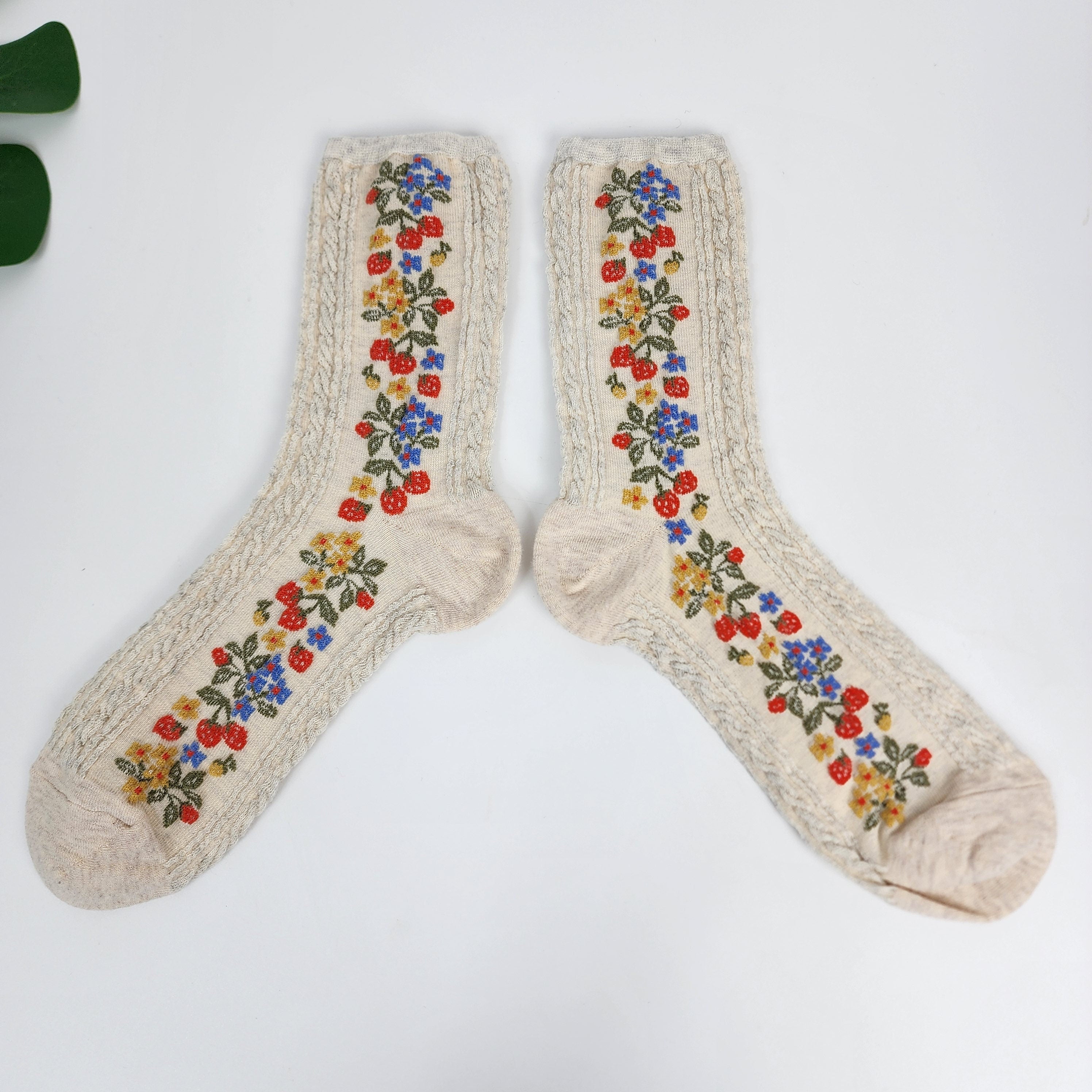 Vintage Floral Socks | Cotton Cable Knit Crew | Korean Socks | Christmas Gift for Her