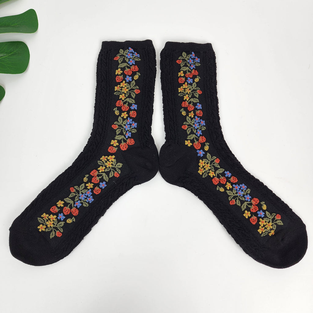 Vintage Floral Socks | Cotton Cable Knit Crew | Korean Socks | Christmas Gift for Her
