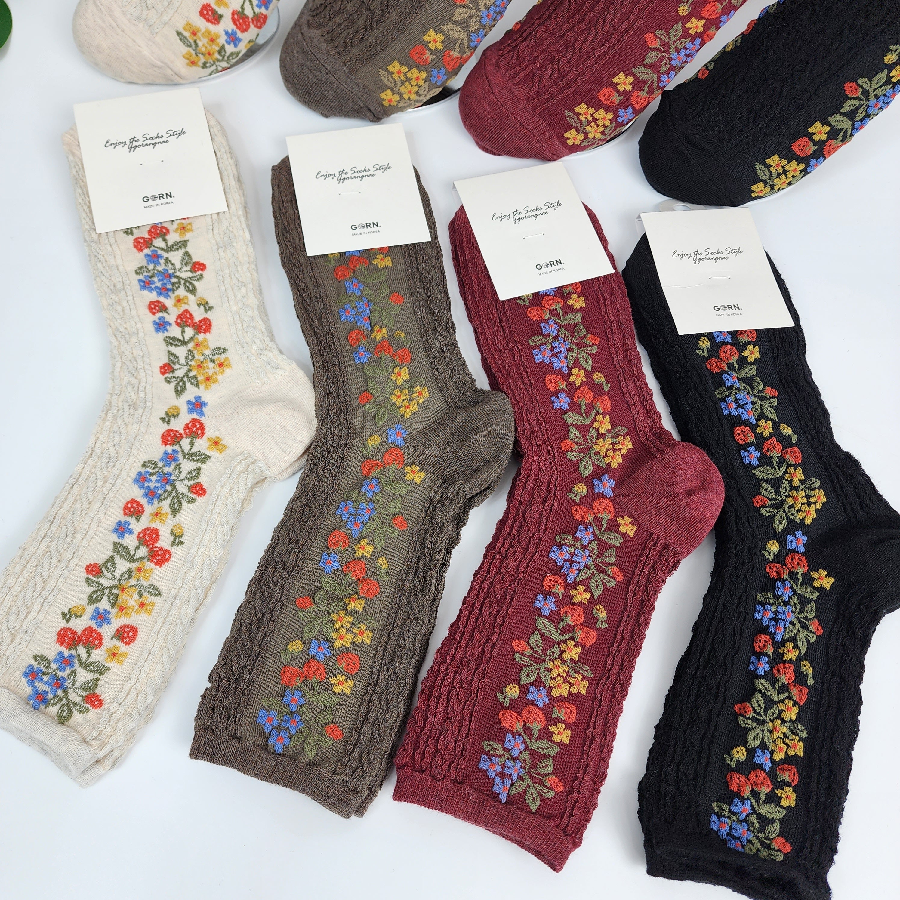 Vintage Floral Socks | Cotton Cable Knit Crew | Korean Socks | Christmas Gift for Her