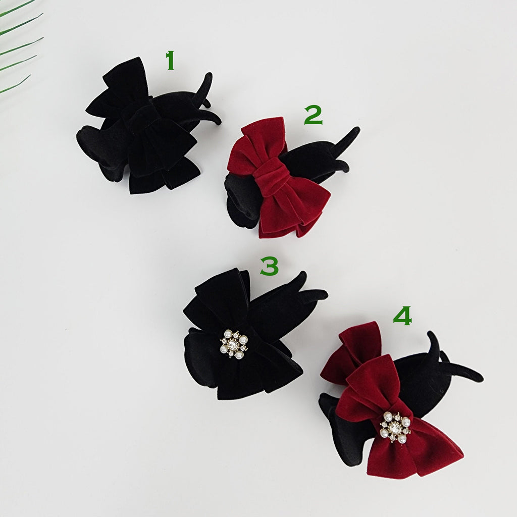 Black Velvet Christmas Ribbon Two Leg Low Bun Hair Claw Clip / Medium Size Ponytail Holder / Hair Barrette for Woman
