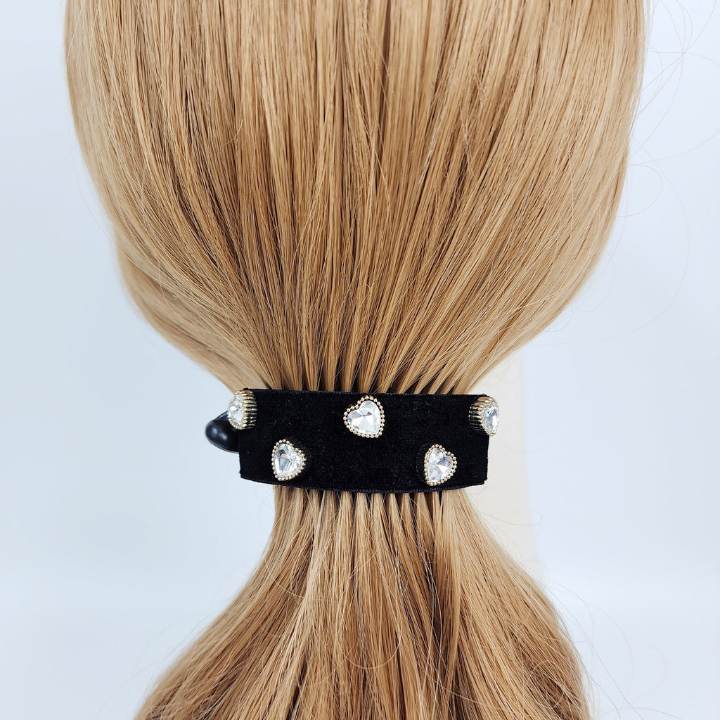 Black Velvet Heart Pearl Cubic Half Moon Banana Claw Clip (3.0 Inch) / Ponytail Holder for Woman / Clincher Comb Hair Accessory