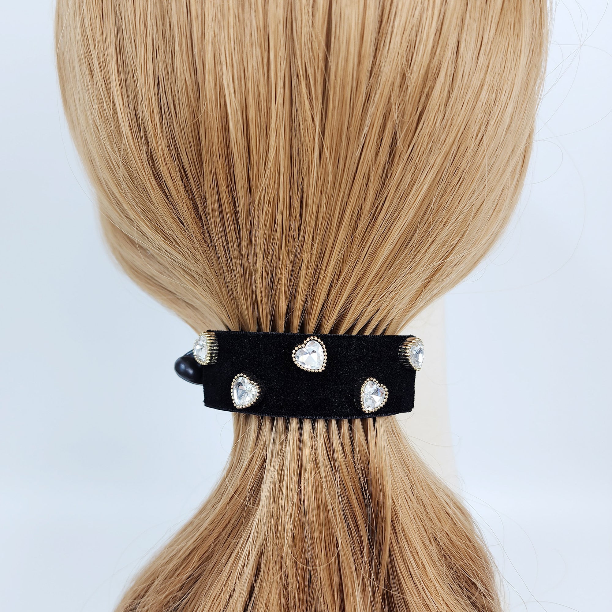 Black Velvet Heart Pearl Cubic Half Moon Banana Claw Clip (3.0 Inch) / Ponytail Holder for Woman / Clincher Comb Hair Accessory