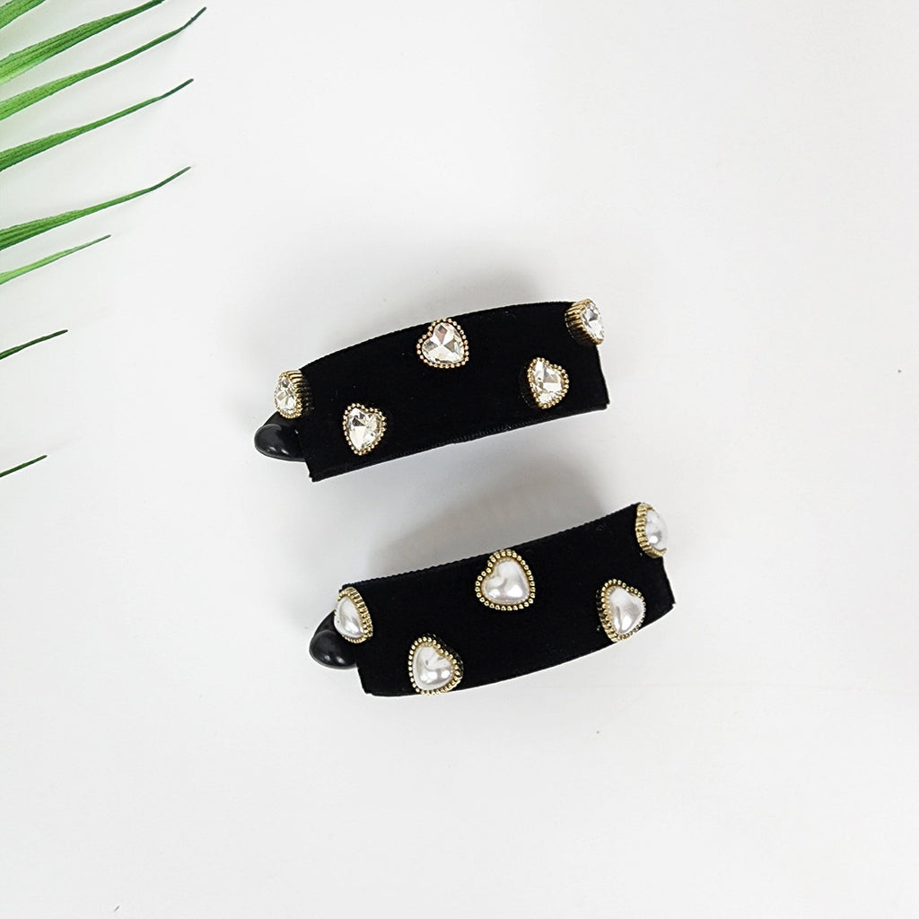 Black Velvet Heart Pearl Cubic Half Moon Banana Claw Clip (3.0 Inch) / Ponytail Holder for Woman / Clincher Comb Hair Accessory