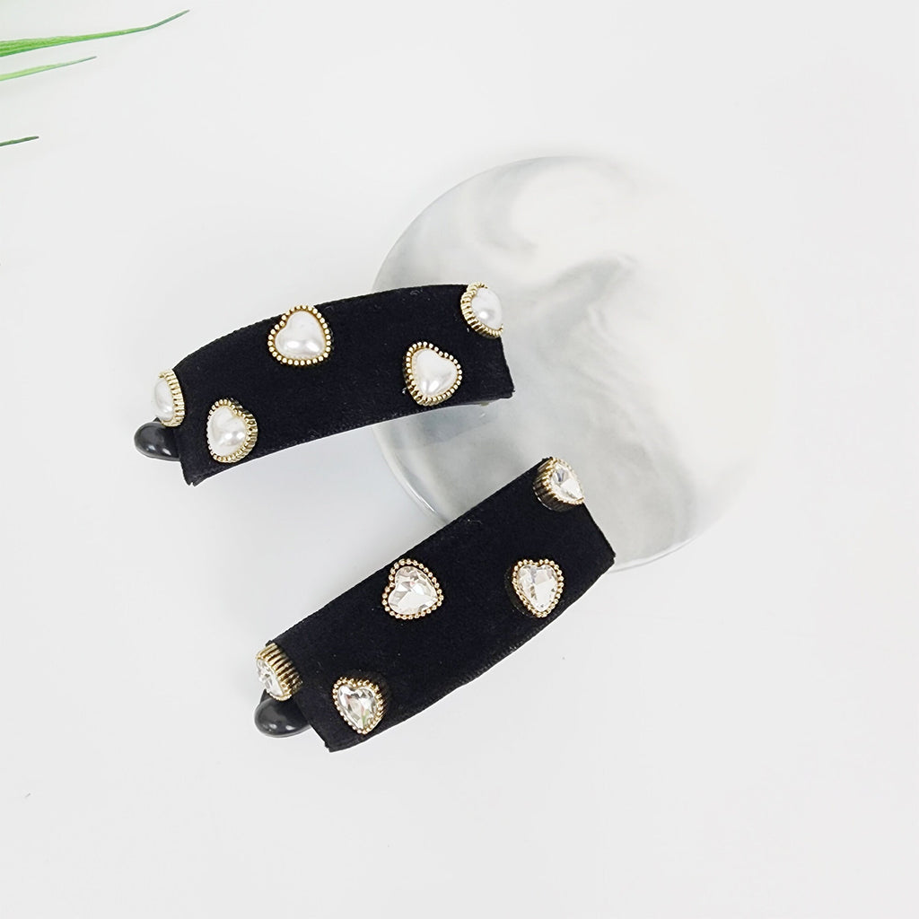 Black Velvet Heart Pearl Cubic Half Moon Banana Claw Clip (3.0 Inch) / Ponytail Holder for Woman / Clincher Comb Hair Accessory