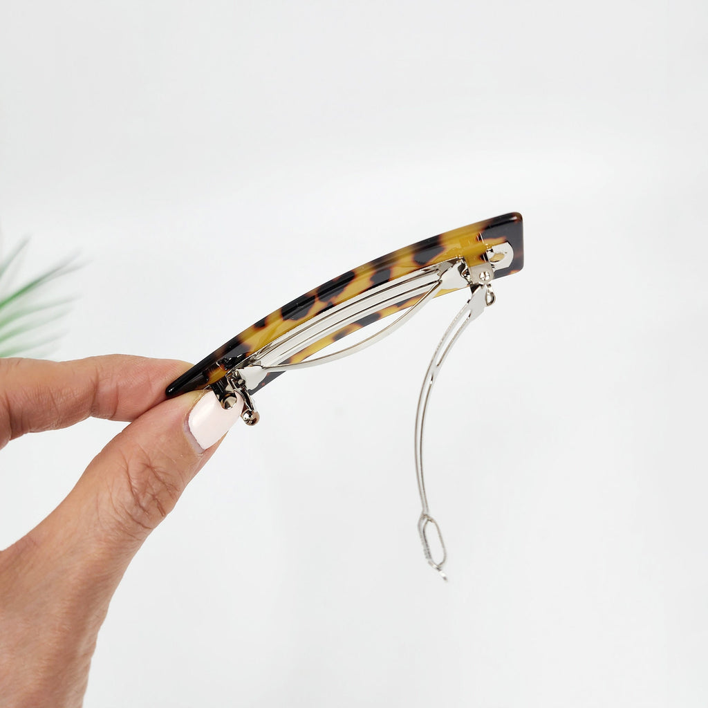 Tortoise Shell Simple Round Square Hair Barrette (5.1 Inch) / Leopard French Hair Pin / Hair Accessory for Woman / Automatic Hair Clip