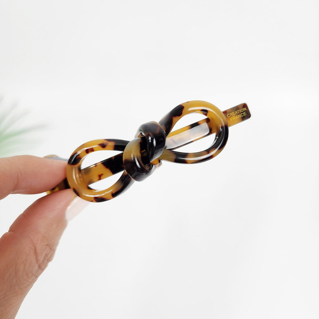 Leopard Bold Big Ribbon Mini Hair Barrette (3.3 Inch) / Tortoise Shell French Hair Pin / Hair Accessory for Woman / Automatic Hair Clip