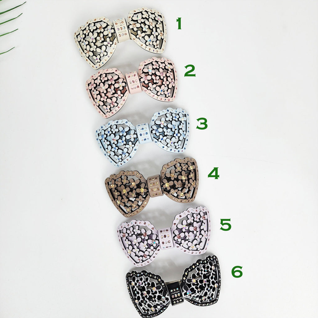 Pastel Color Flower Big Ribbon Hair Barrette with Cubic (3.9 Inch) / Luxurious French Hair Pin / Automatic Hair Clip