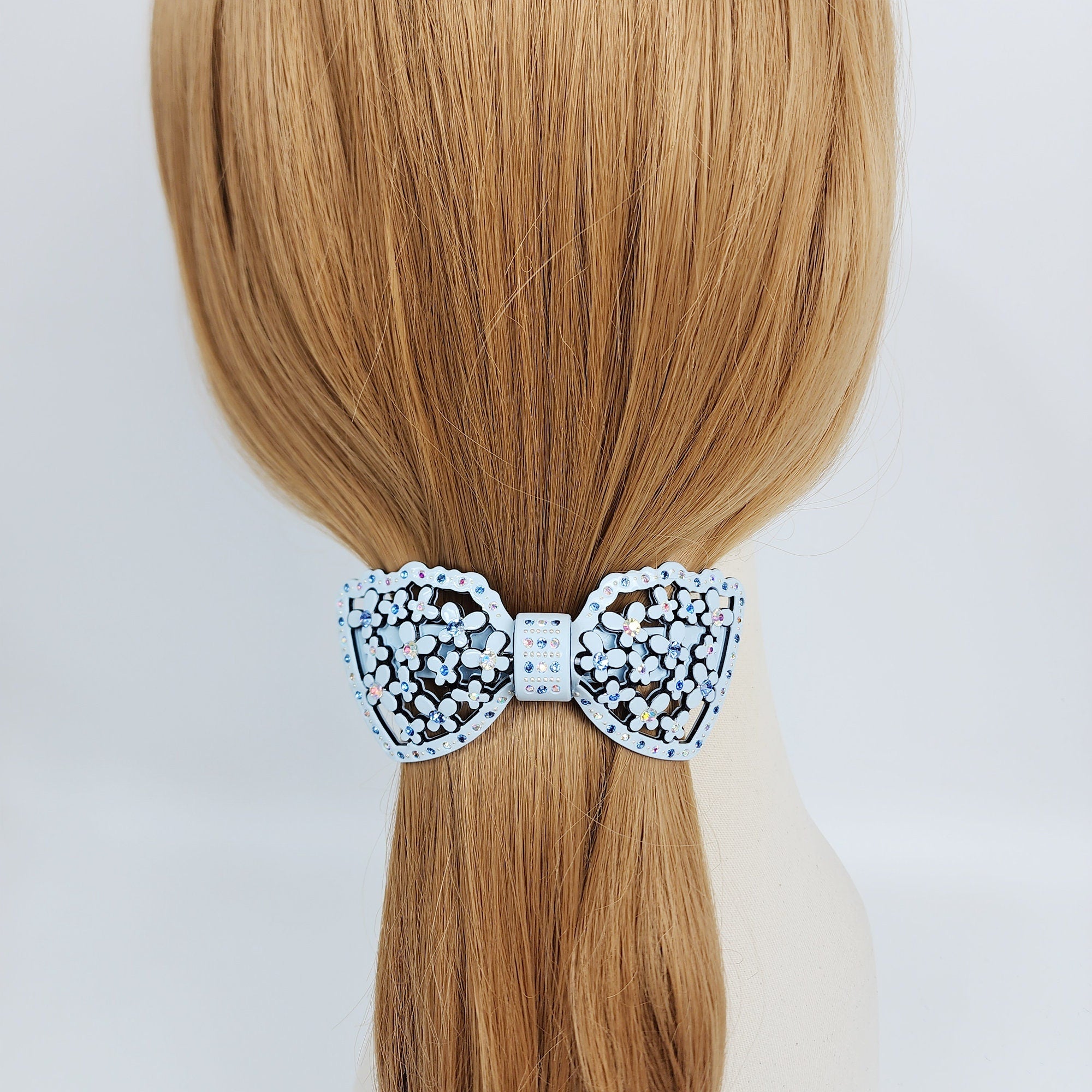 Pastel Color Flower Big Ribbon Hair Barrette with Cubic (3.9 Inch) / Luxurious French Hair Pin / Automatic Hair Clip