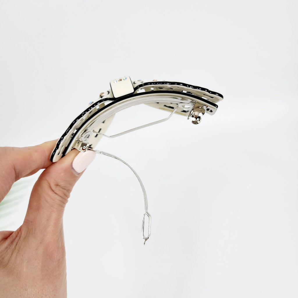 Pastel Color Flower Big Ribbon Hair Barrette with Cubic (3.9 Inch) / Luxurious French Hair Pin / Automatic Hair Clip