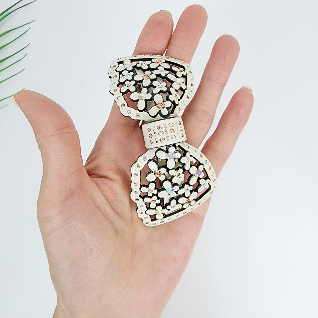 Pastel Color Flower Big Ribbon Hair Barrette with Cubic (3.9 Inch) / Luxurious French Hair Pin / Automatic Hair Clip