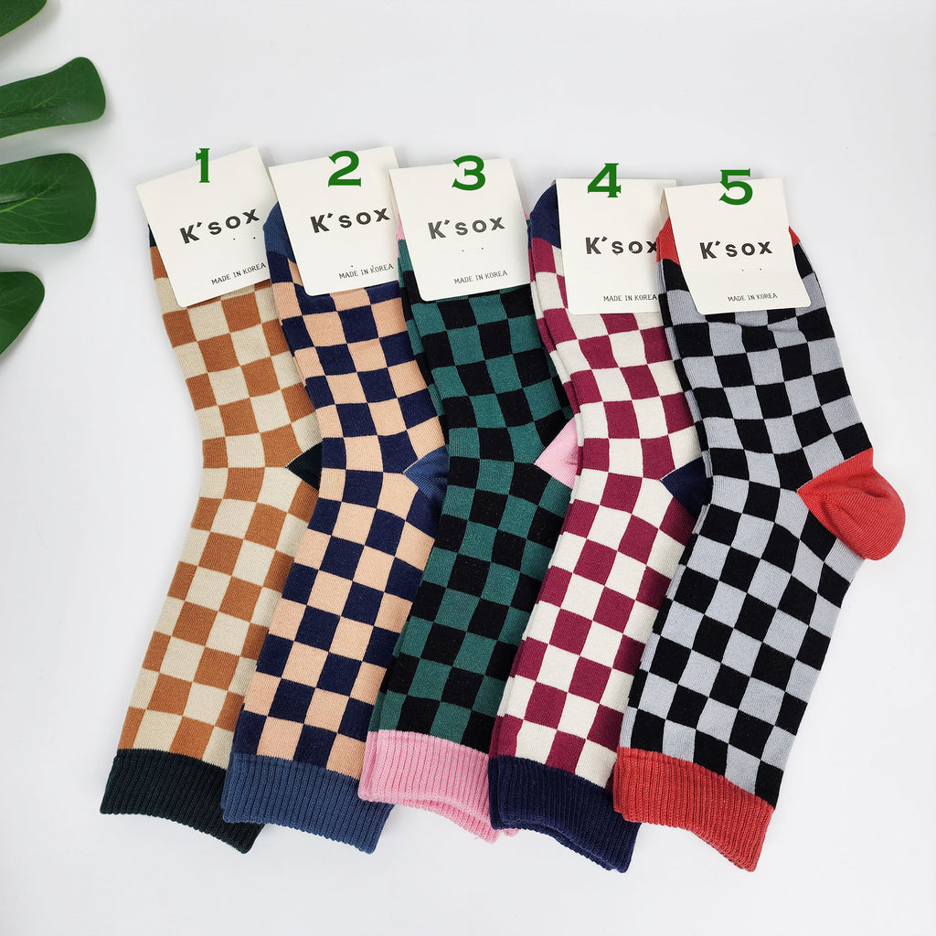 Checkered Crew Socks | Cotton Soft Breathable | Korean Socks | Minimalist Gift for Her