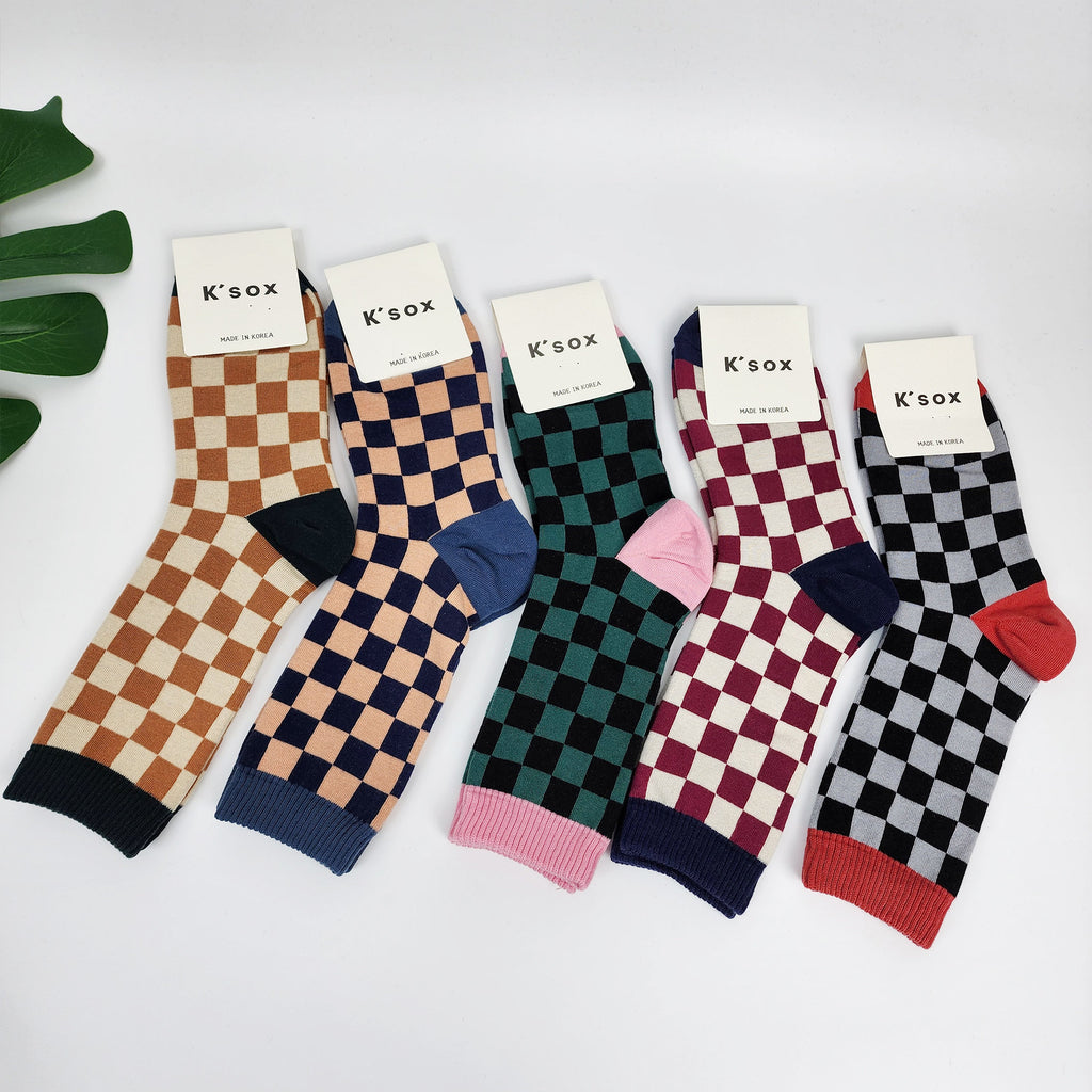 Checkered Crew Socks | Cotton Soft Breathable | Korean Socks | Minimalist Gift for Her