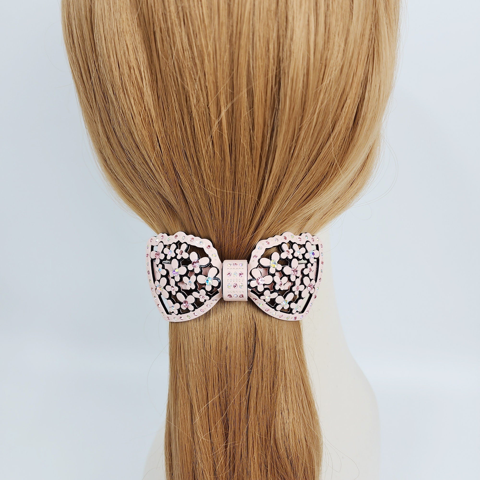 Pastel Color Flower Big Ribbon Hair Barrette with Cubic (3.9 Inch) / Luxurious French Hair Pin / Automatic Hair Clip