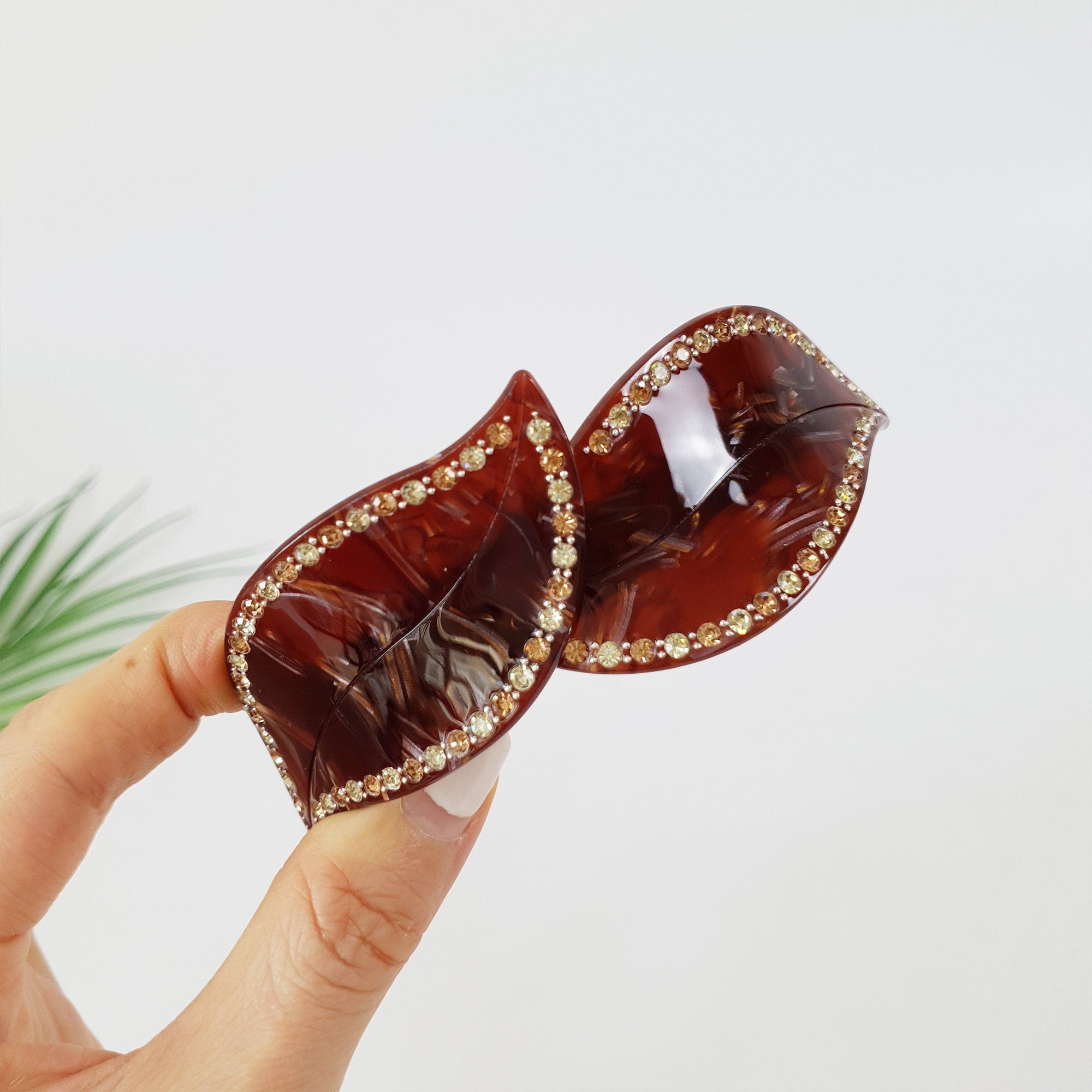Leopard Big Leaf Hair Barrette with Cubic (4.1 Inch) / Luxurious French Hair Pin / Automatic Hair Clip