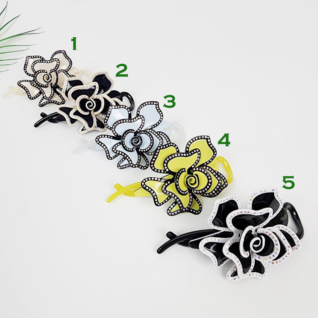 Pastel Color Volume Flower Banana Clip with Cubic Line / Luxurious French Hair Pin / Hair Comb Barrette for Woman