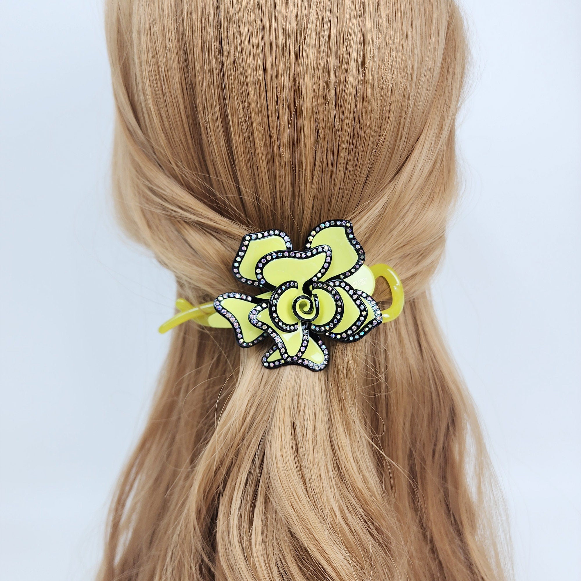 Pastel Color Volume Flower Banana Clip with Cubic Line / Luxurious French Hair Pin / Hair Comb Barrette for Woman