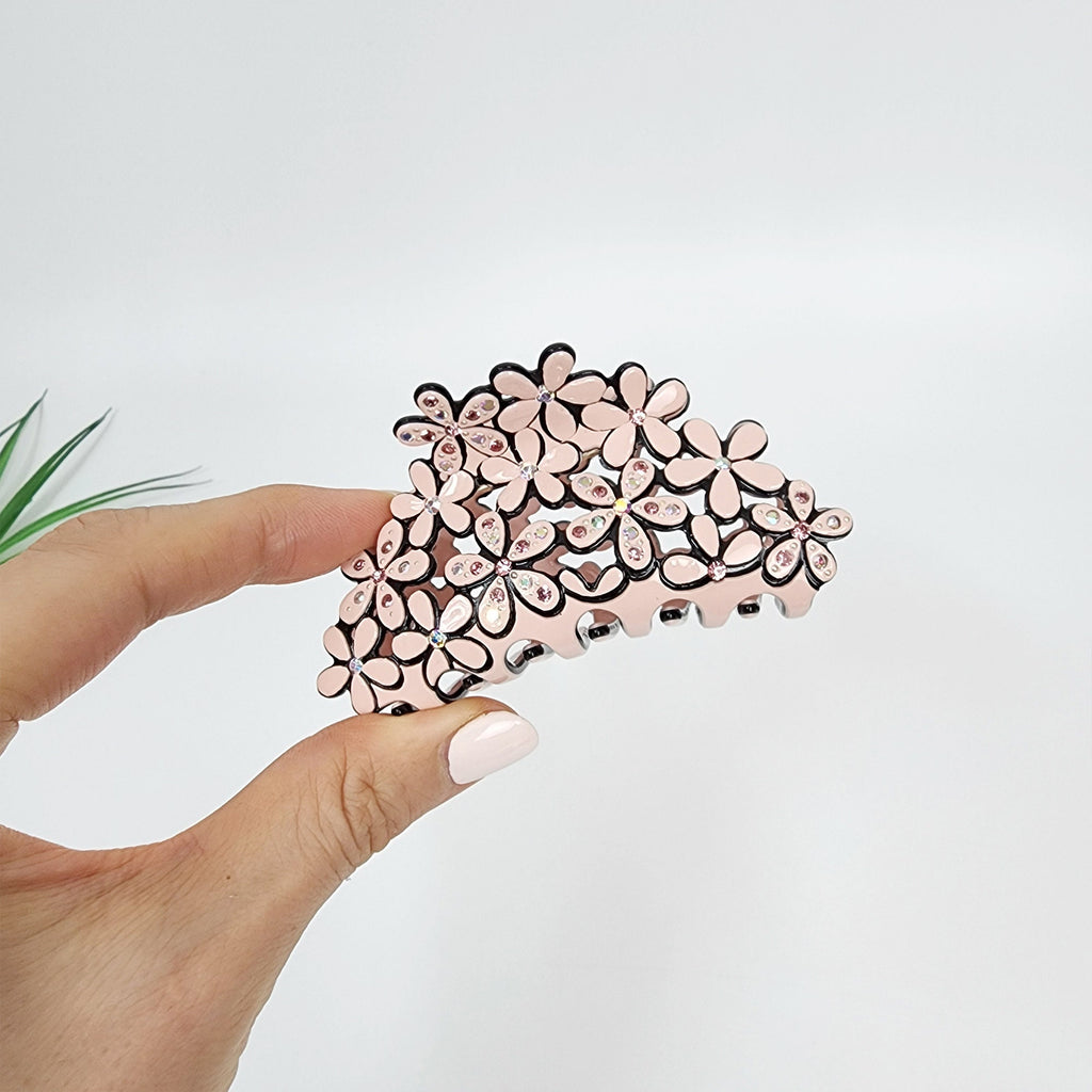 Pastel Color Glittering Blossom Hair Claw Clip (3.3 Inch) / Tortoise Shell Medium Size Ponytail Holder / Hair Barrette for Woman