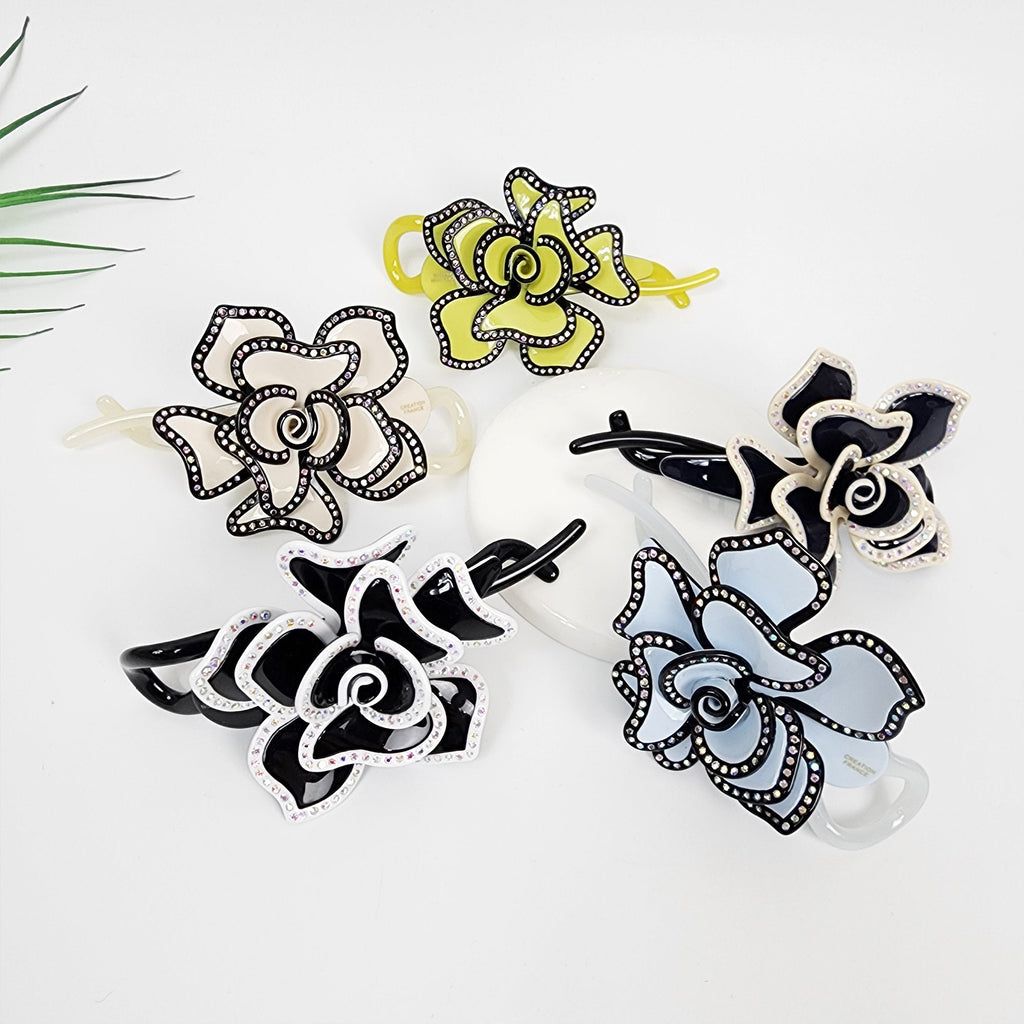 Pastel Color Volume Flower Banana Clip with Cubic Line / Luxurious French Hair Pin / Hair Comb Barrette for Woman