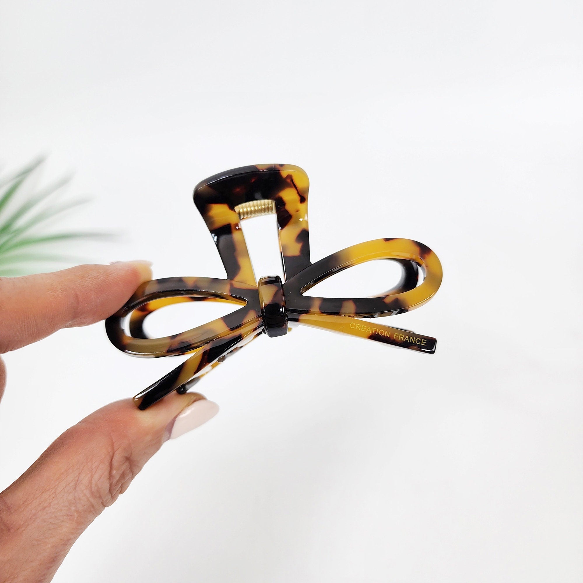 Leopard Gift Ribbon Hair Claw Clip (3.1 Inch) / Tortoise Shell Medium Size Ponytail Holder / French Pin / Hair Barrette for Woman