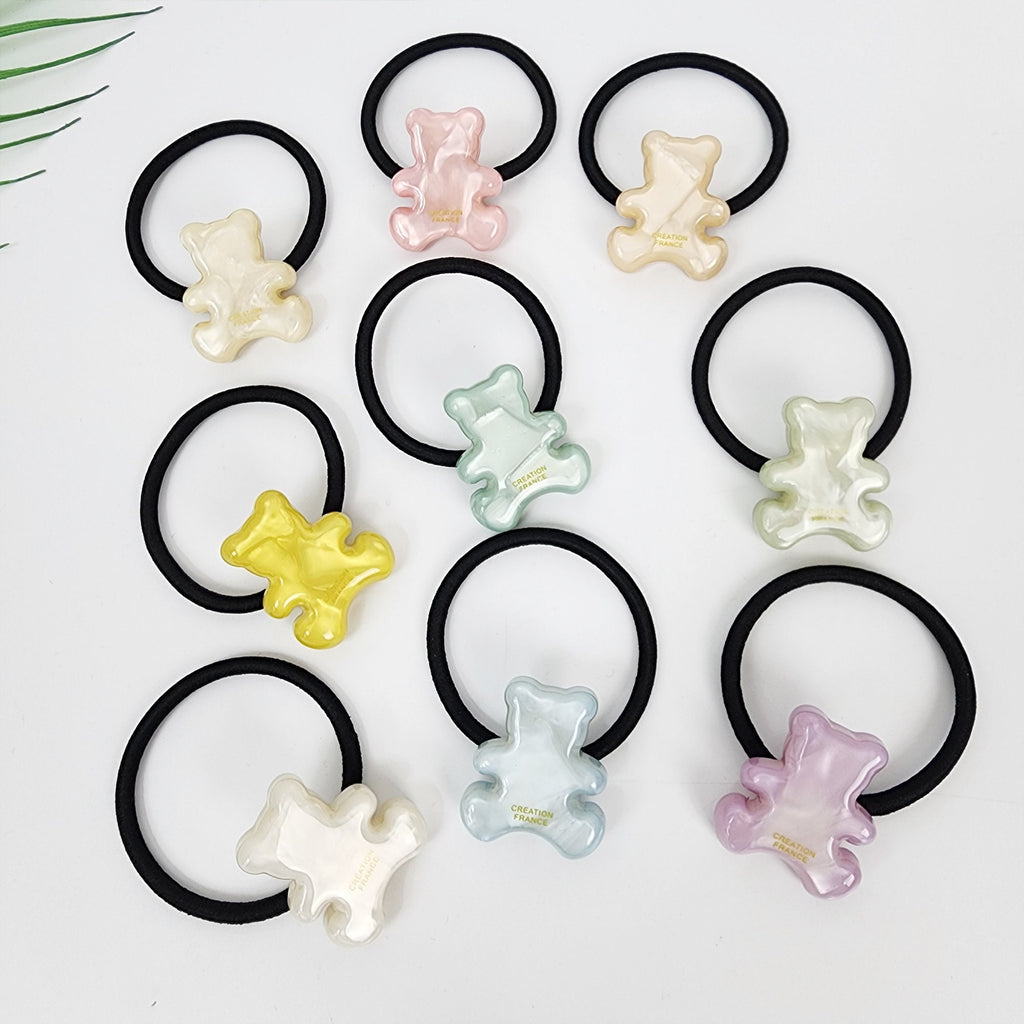 Cellulose acetate ice teddy bear hair tie in 9 aurora colors, cute pearlescent animal ponytail holder, kawaii accessory for birthday gifts.