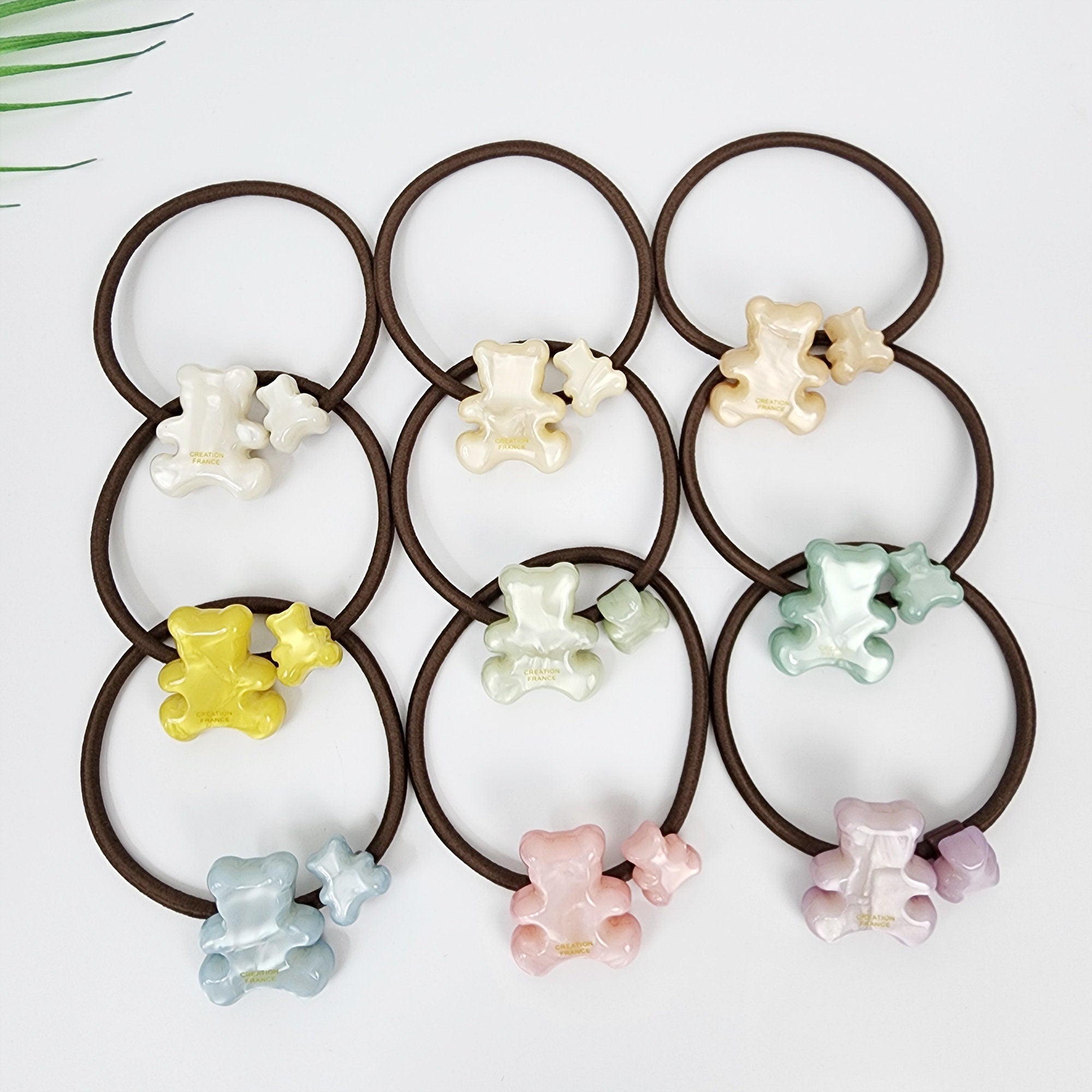 Cellulose acetate couple teddy bear hair tie with aurora finish, big and small bear charms, long elastic for buns, cute birthday gift.
