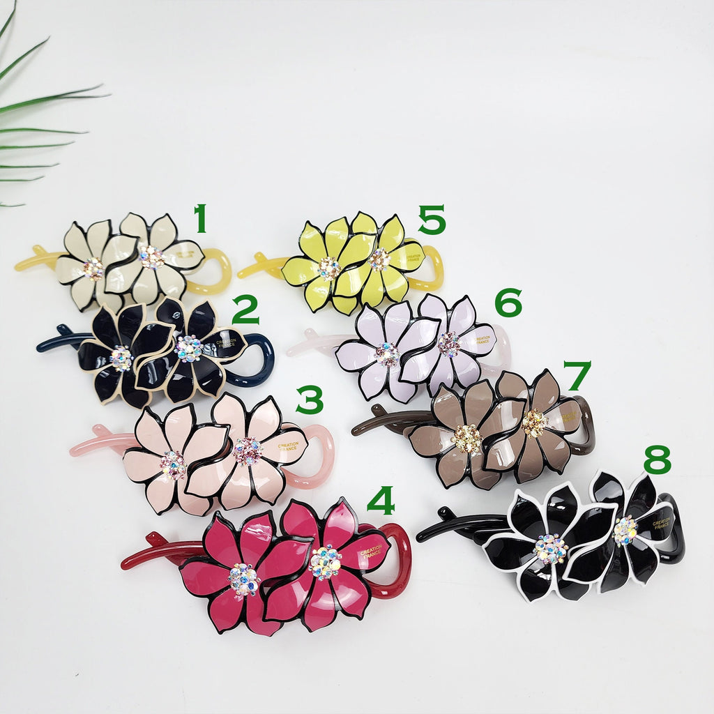 Pastel Color Couple Flower Banana Claw with Cubic / Ponytail Holder for Woman / Clincher Comb Hair Accessory