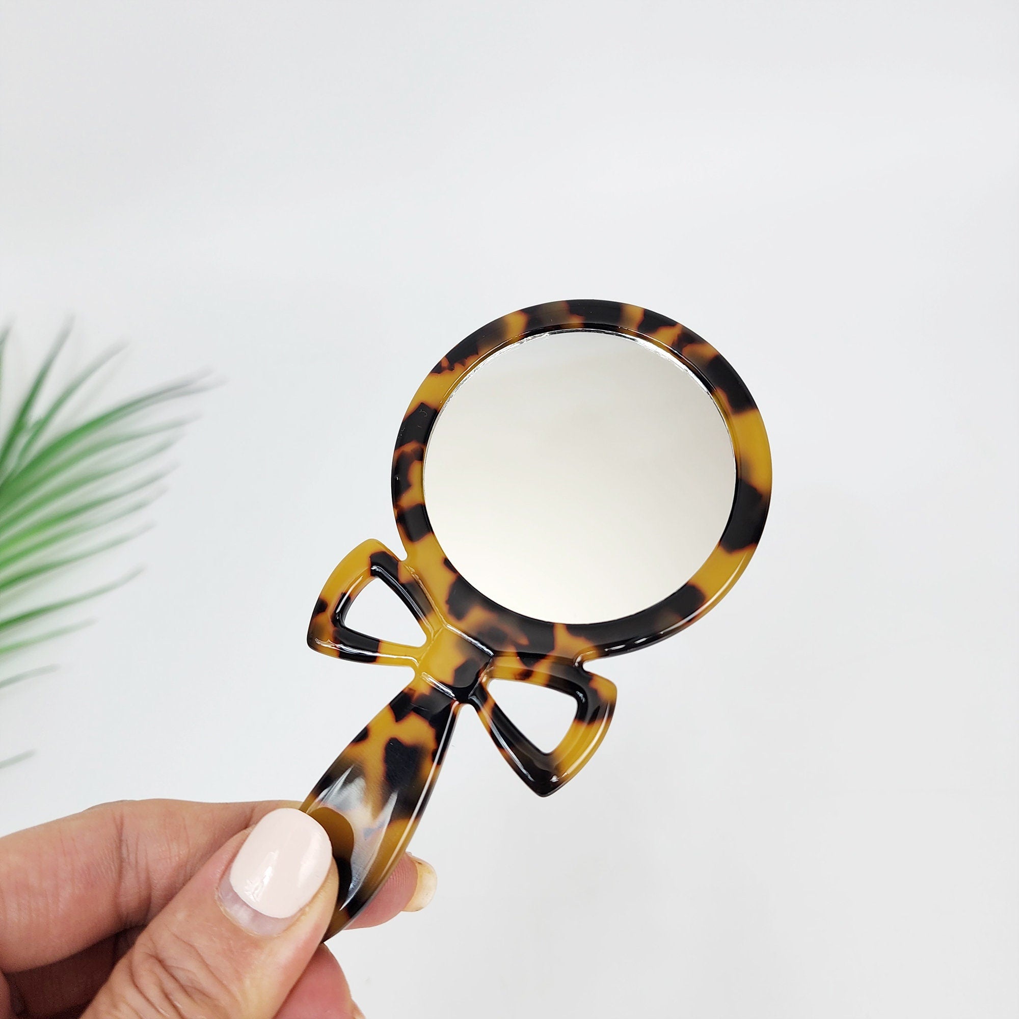 Leopard Bow-Tie Hand Held Mirror (4.7 Inch) / Antique Hand Mirror / Hair Accessory for Woman