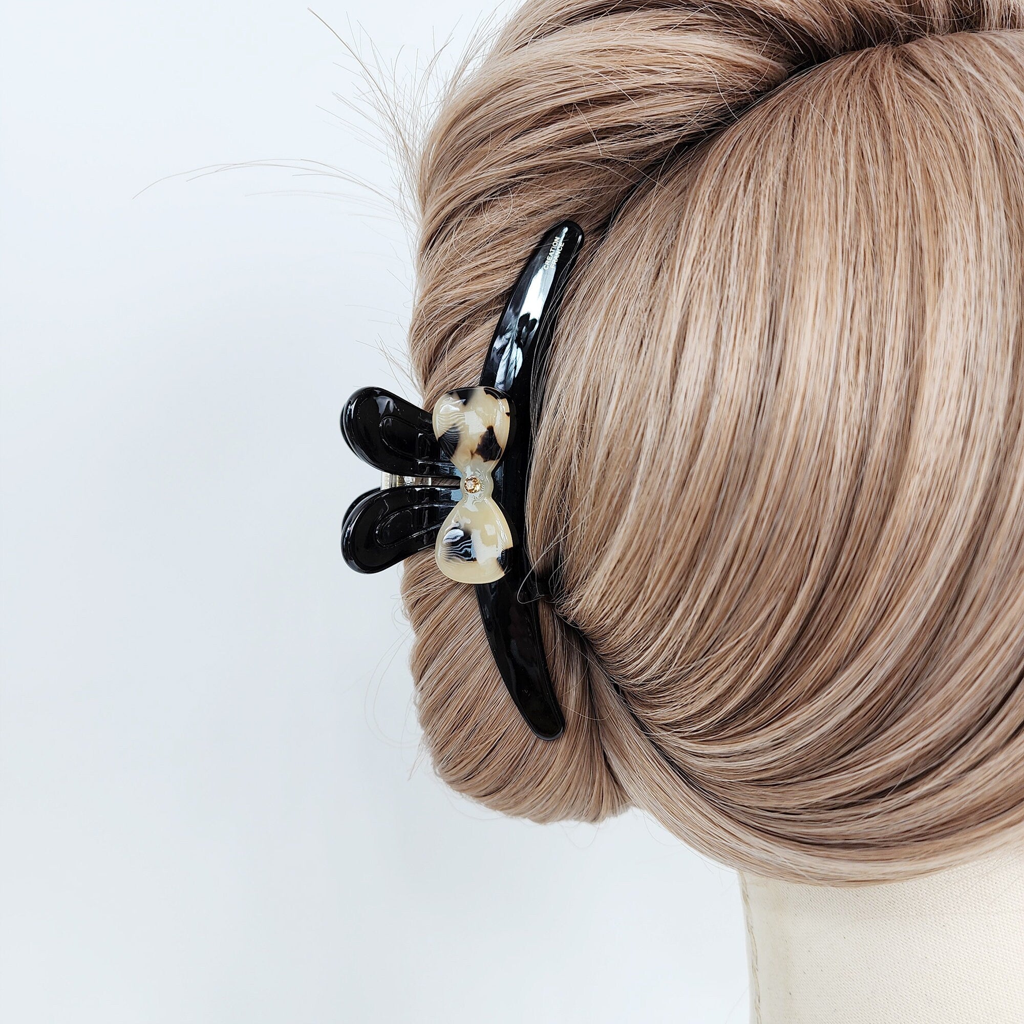 Black Aurora Rabbit Round Tie Hair Claw Clip with Cubic (4.7 Inch) / Elegance French Hair Pin / Hair Barrette for Woman