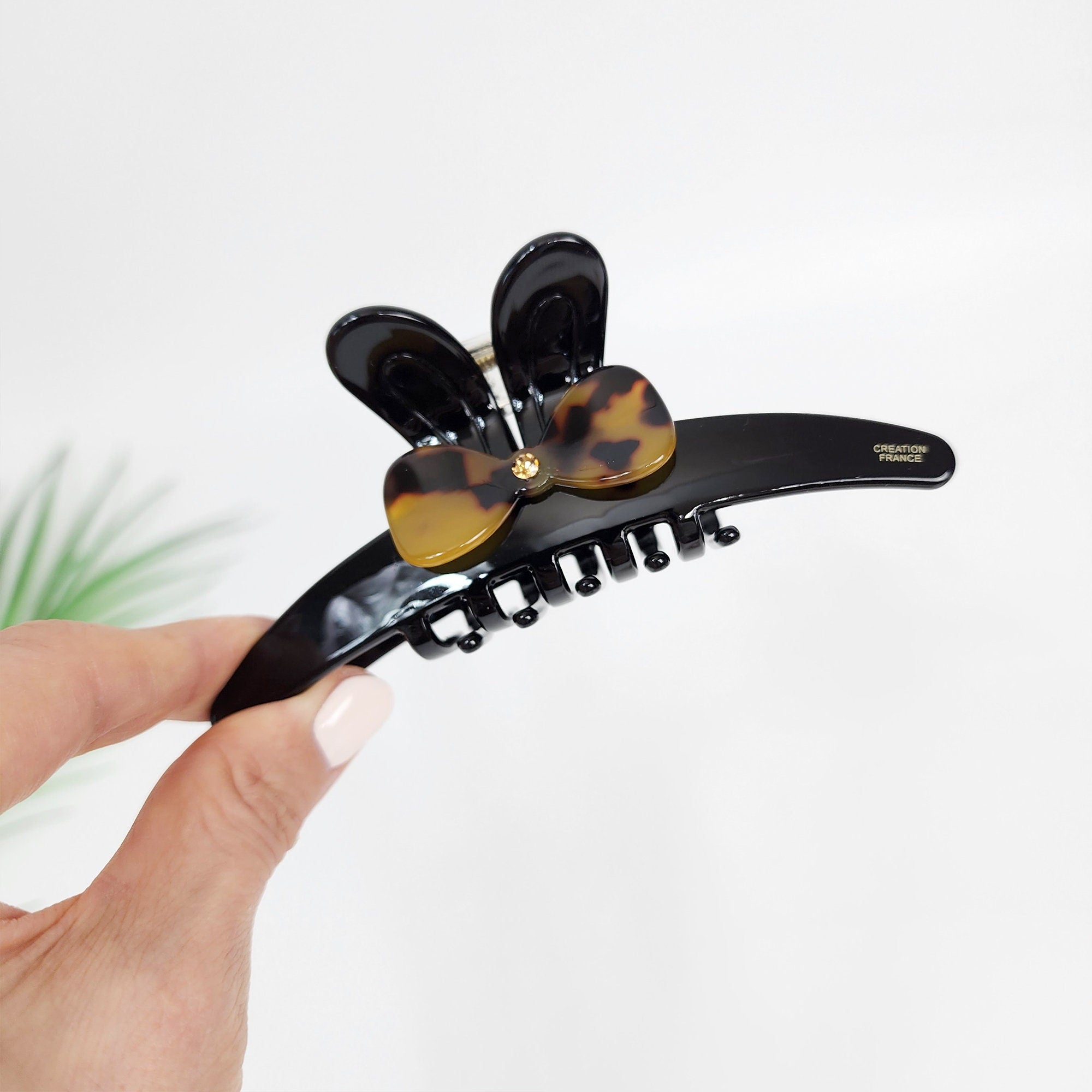 Black Aurora Rabbit Round Tie Hair Claw Clip with Cubic (4.7 Inch) / Elegance French Hair Pin / Hair Barrette for Woman