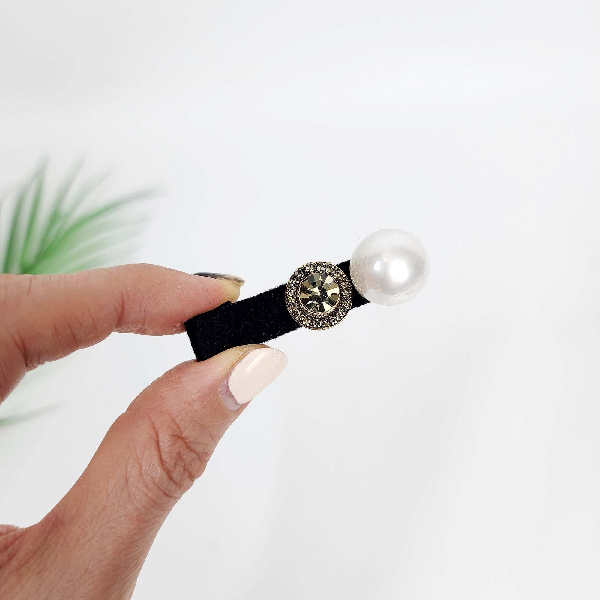 Velvet Pearl Cubic Side Clip Straight Mini Hair Claw Clip (2.0 Inch) / Alligator Hair Clip for Woman / French Barrette for Girls