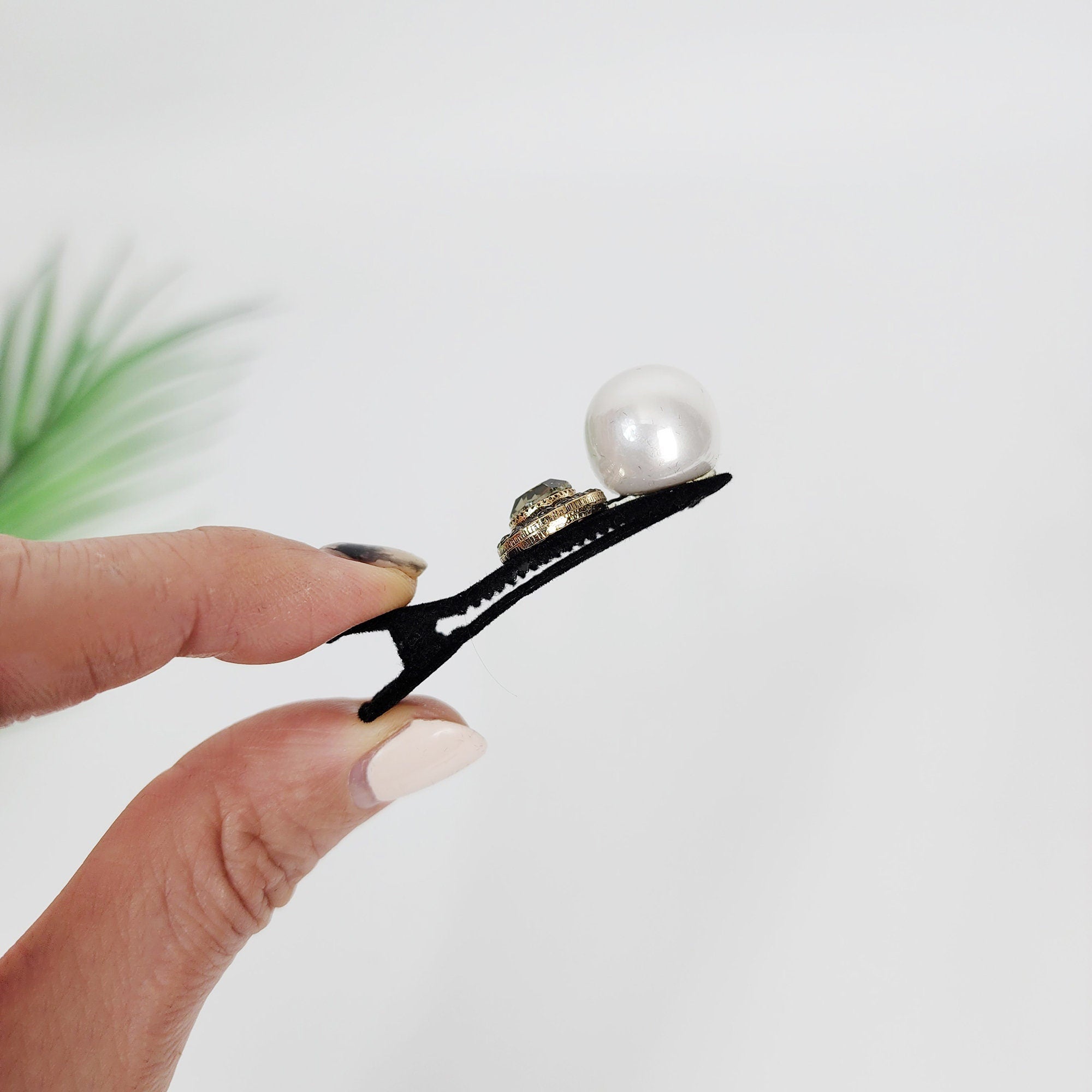 Velvet Pearl Cubic Side Clip Straight Mini Hair Claw Clip (2.0 Inch) / Alligator Hair Clip for Woman / French Barrette for Girls