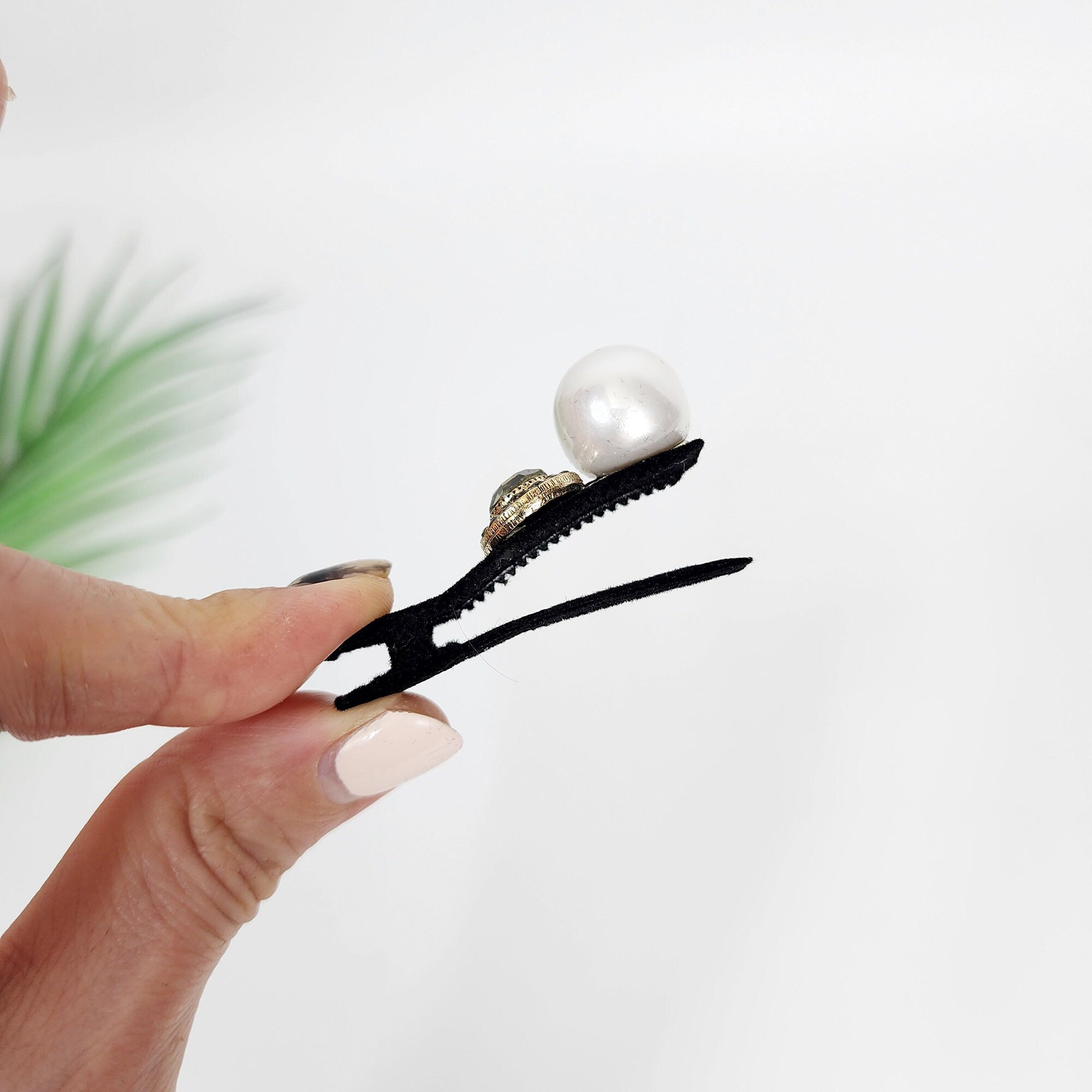 Velvet Pearl Cubic Side Clip Straight Mini Hair Claw Clip (2.0 Inch) / Alligator Hair Clip for Woman / French Barrette for Girls