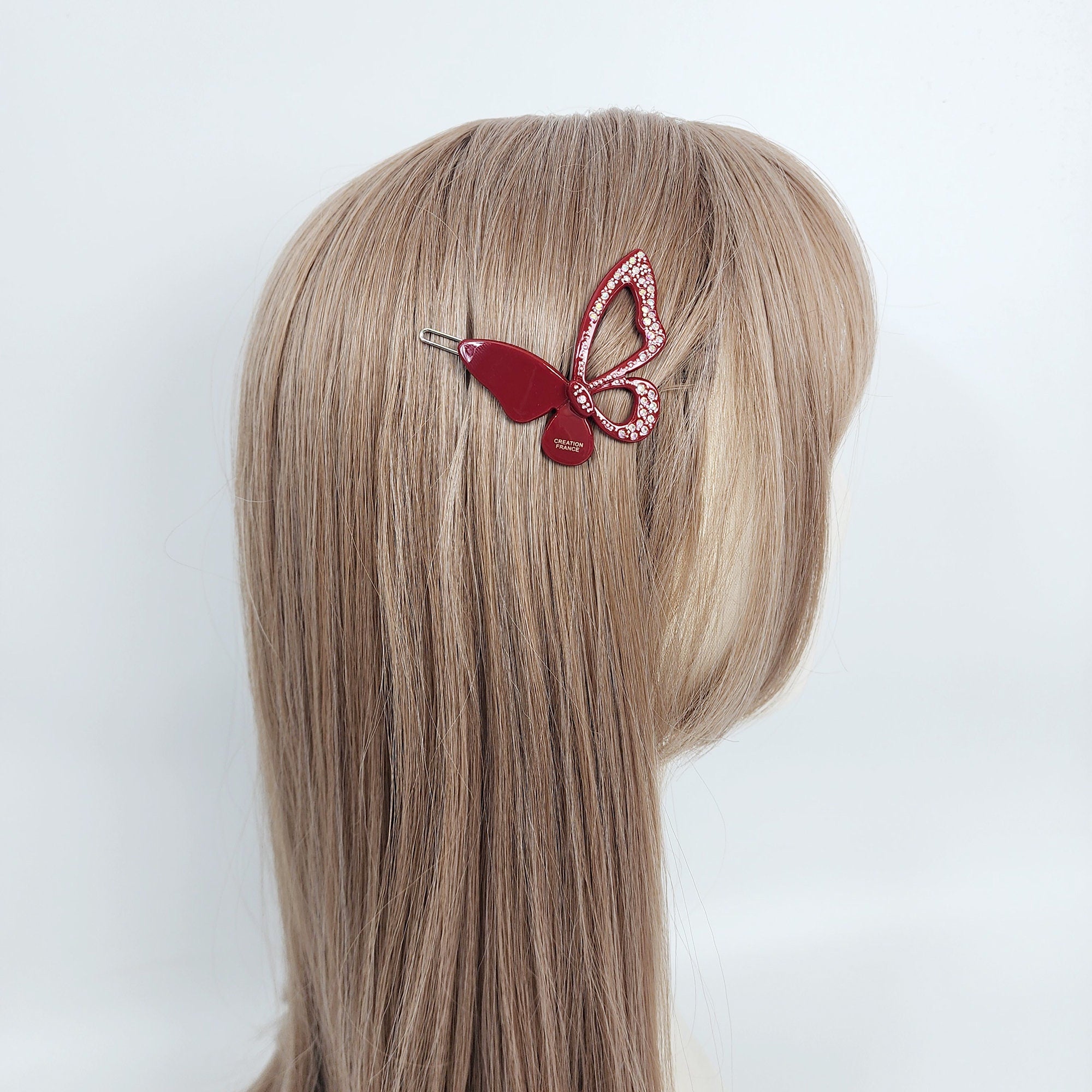 Pure Color Cubic Stone Butterfly Manual Snap Clip Bobby Pin (2.2 Inch) / Vintage French Hair Pin / Bow Barrette for Thin Hair