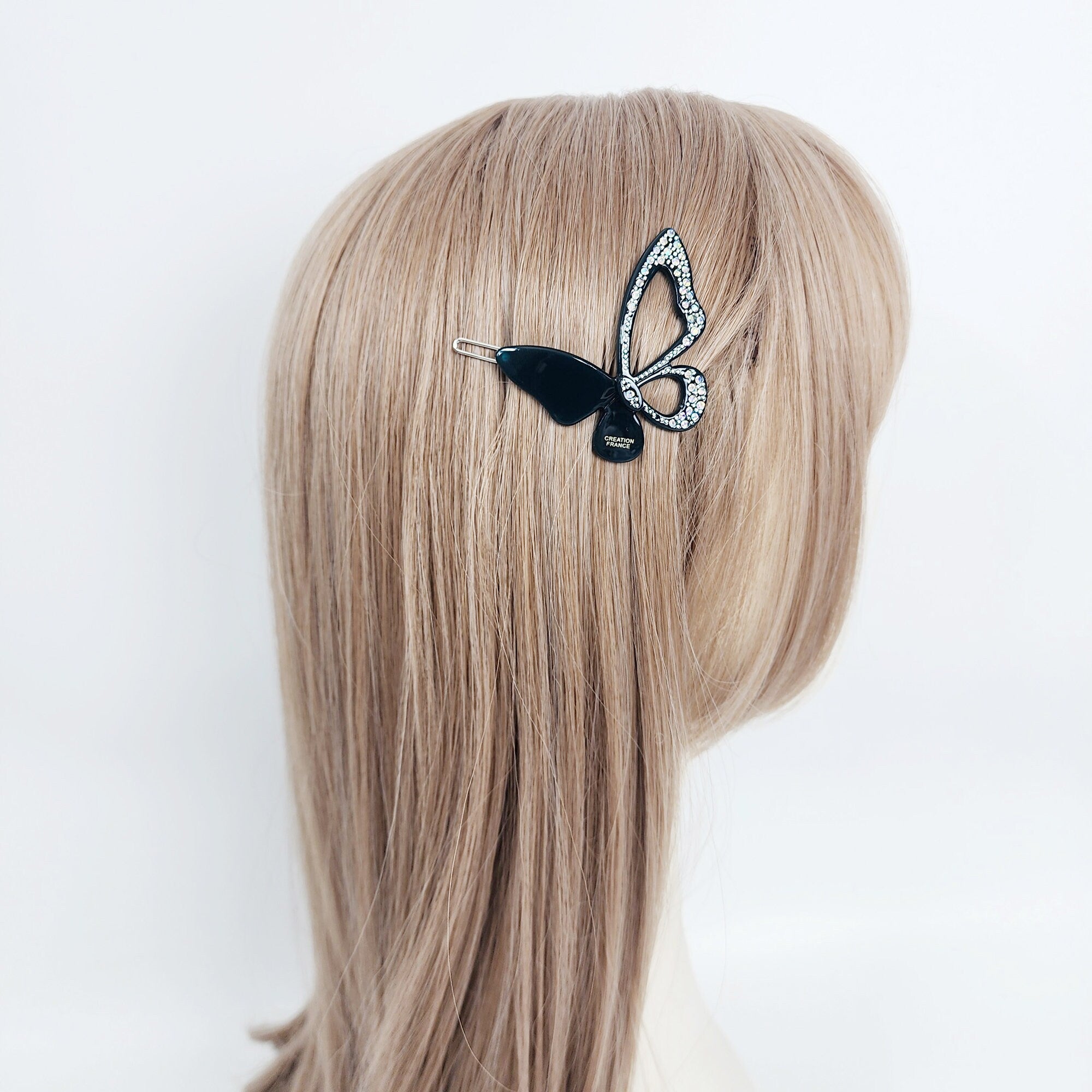 Pure Color Cubic Stone Butterfly Manual Snap Clip Bobby Pin (2.2 Inch) / Vintage French Hair Pin / Bow Barrette for Thin Hair