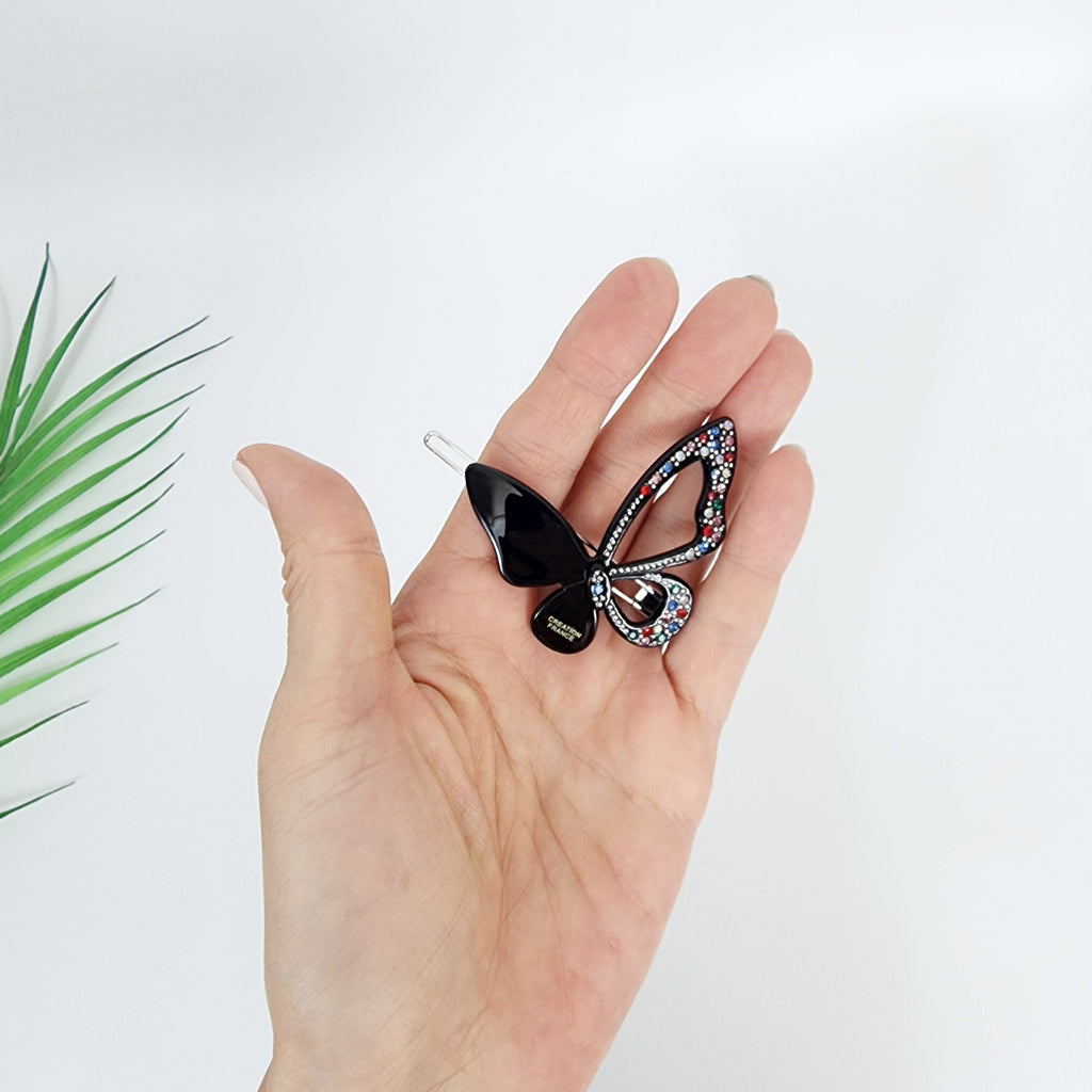 Pure Color Cubic Stone Butterfly Manual Snap Clip Bobby Pin (2.2 Inch) / Vintage French Hair Pin / Bow Barrette for Thin Hair