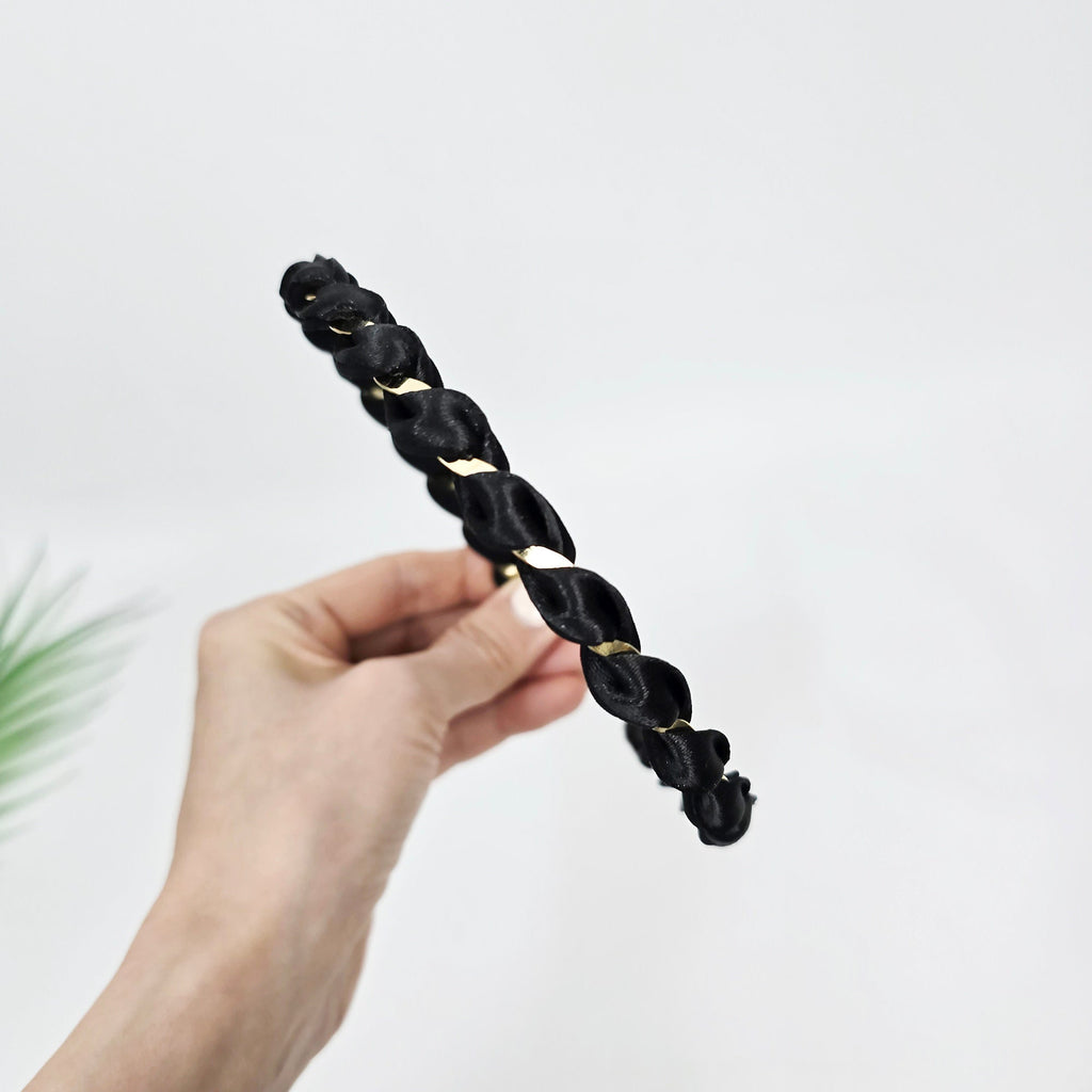 Daily Satin Gold Chain Twisted Thin Hairband (0.5 Inch) / Hair Accessories for Woman