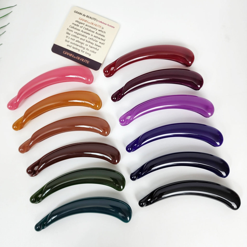 Cellulose acetate round banana clip in glossy solid colors, 4.3 inch curved ponytail holder with internal teeth, minimalist Korean hair accessory for thick hair.