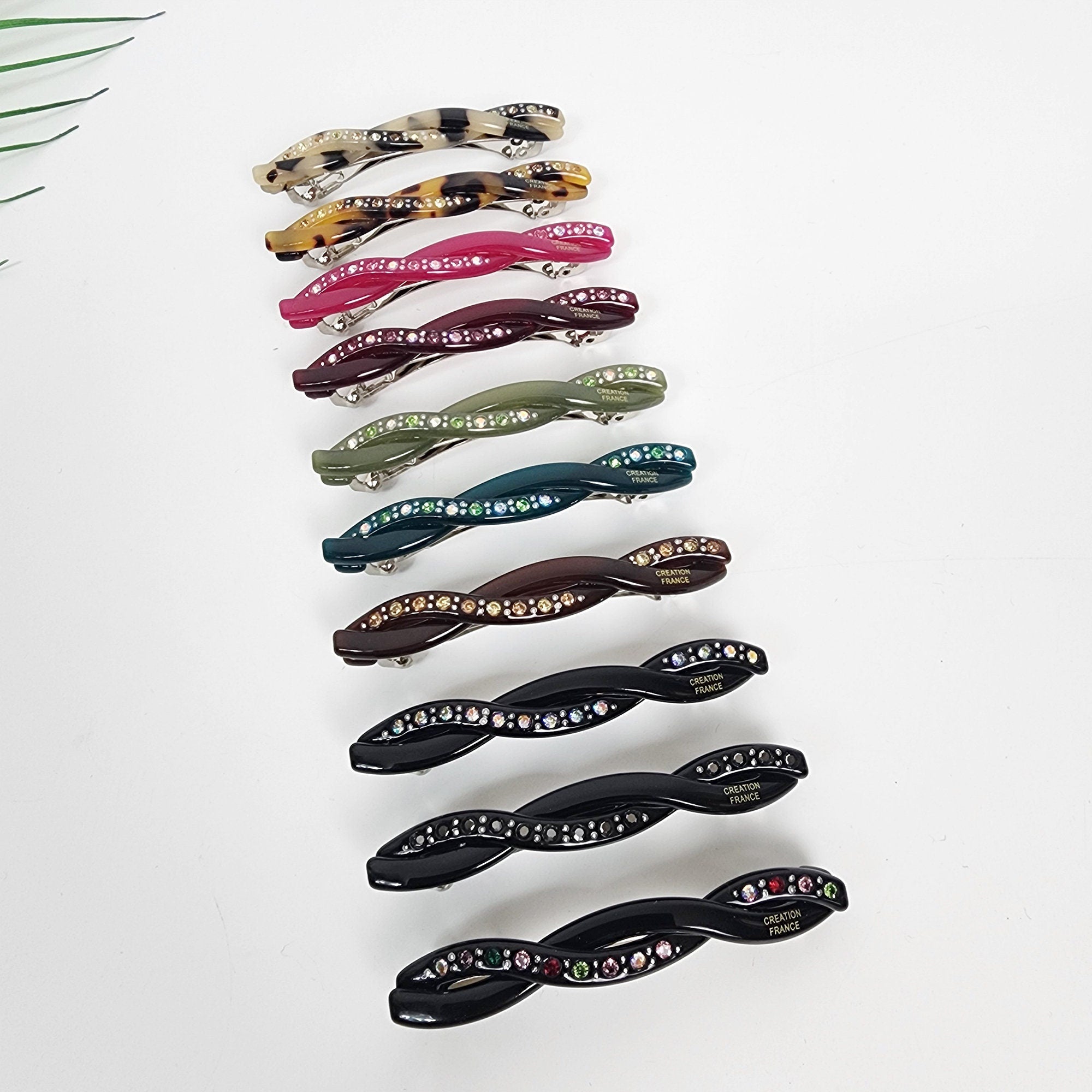 Cellulose acetate twisted barrette with cubic zirconia crystals, 2.6 inch skinny hair clip for side bangs, elegant Korean hair accessory for women.