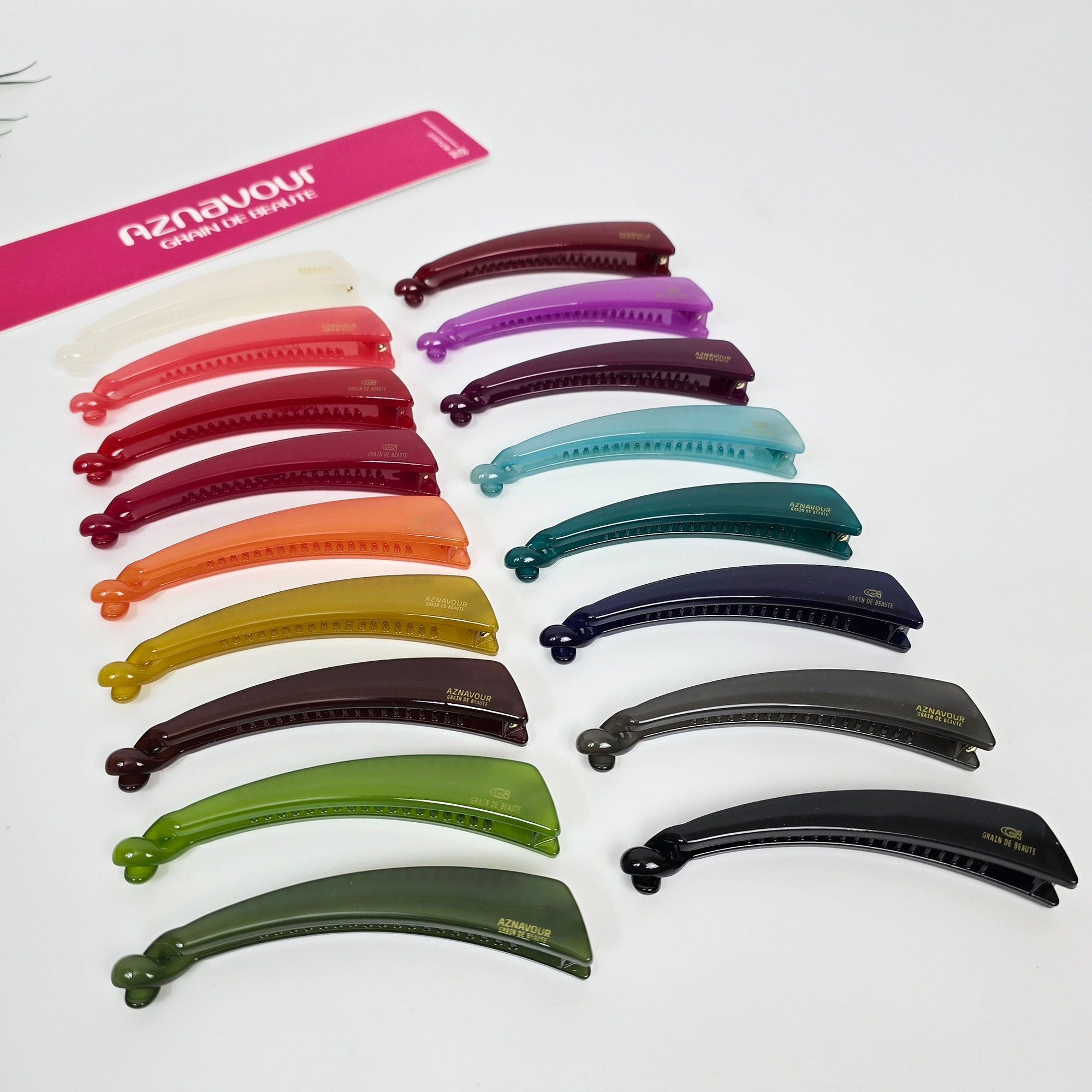 Cellulose acetate skinny banana clip in glossy solid colors, 4.3 inch curved ponytail holder with internal teeth, minimalist Korean hair accessory for women.