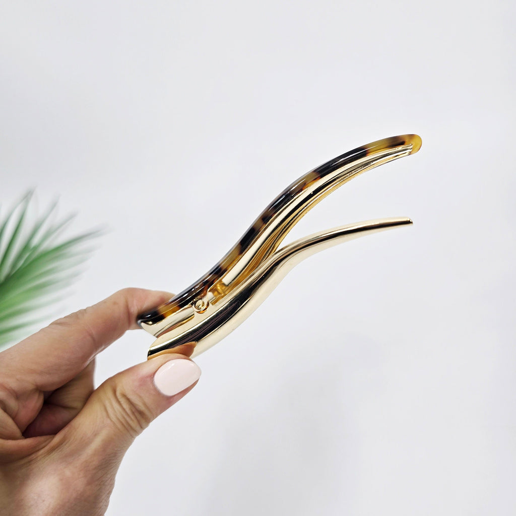 Leopard Pure Color Curve Line Long Claw Clip (4.7 Inch) / Elegance French Hair Pin / Hair Barrette for Woman / Alligator Hair Clip