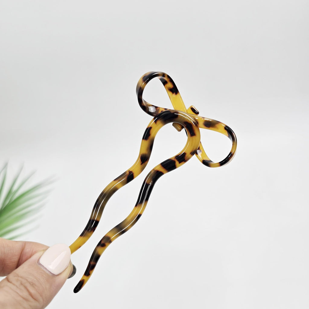 Bliss Ribbon Wave Updo Hair Stick (4.7 Inch) / Tortoise Shell French Hair Pin / Metal Hair Fork for Thick Hair / Hair Pin Stick