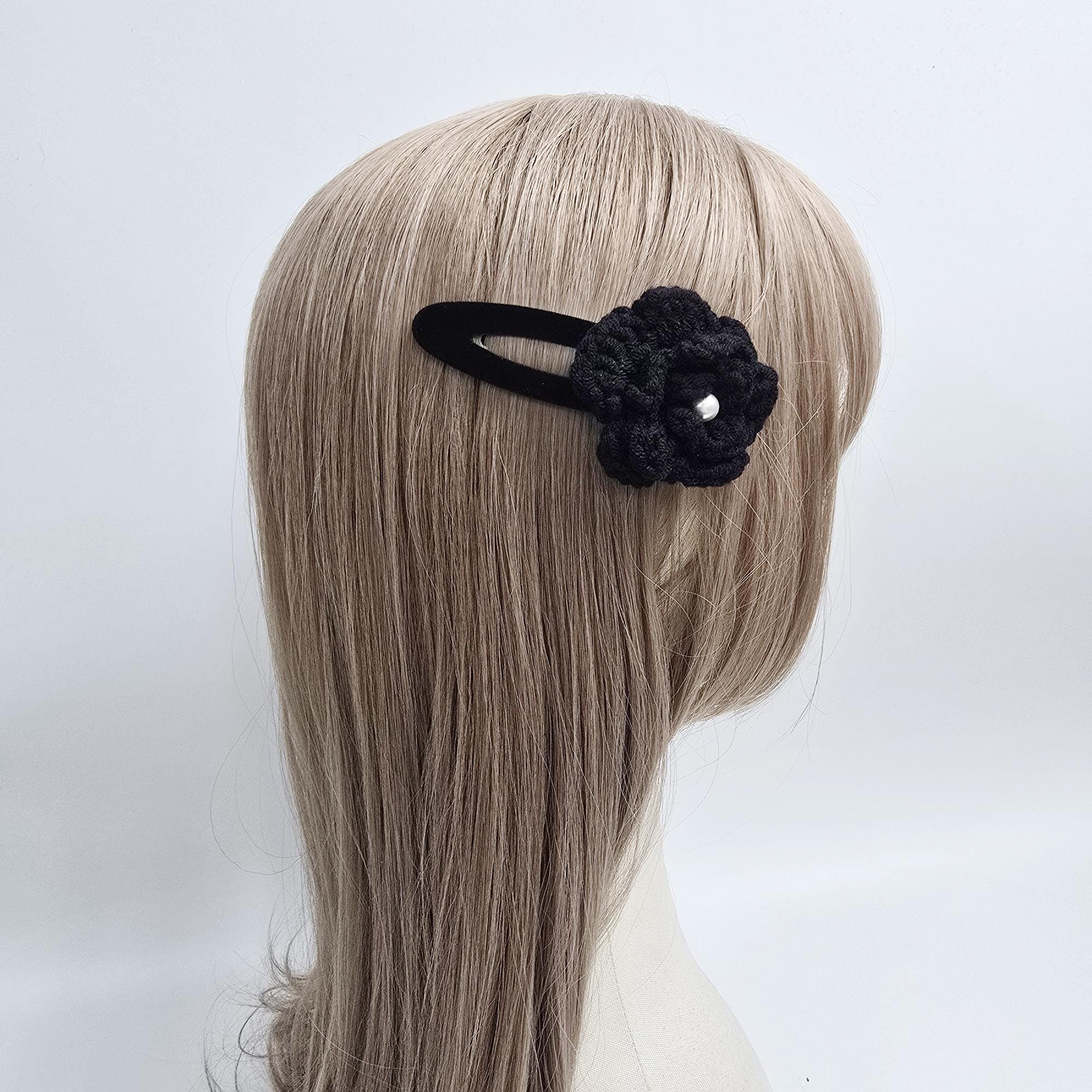 Crochet Flower Pearl Accent Round Snap Clip (3.3 Inch) / French Hair Pin / Tic Tac Hair Clip Pin