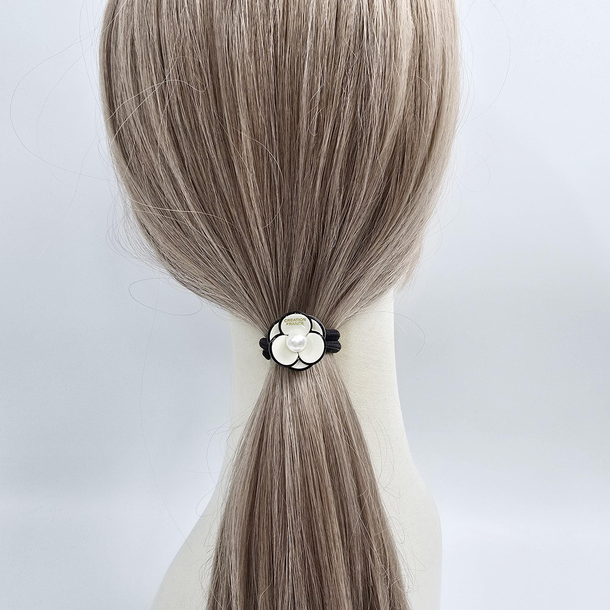 Small Pansy Flower Pearl Accent Ponytail Hair Tie (0.9 Inch) / Small Ponytail Holder / Hair Accessory for Woman