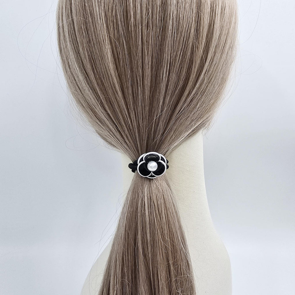 Small Pansy Flower Pearl Accent Ponytail Hair Tie (0.9 Inch) / Small Ponytail Holder / Hair Accessory for Woman
