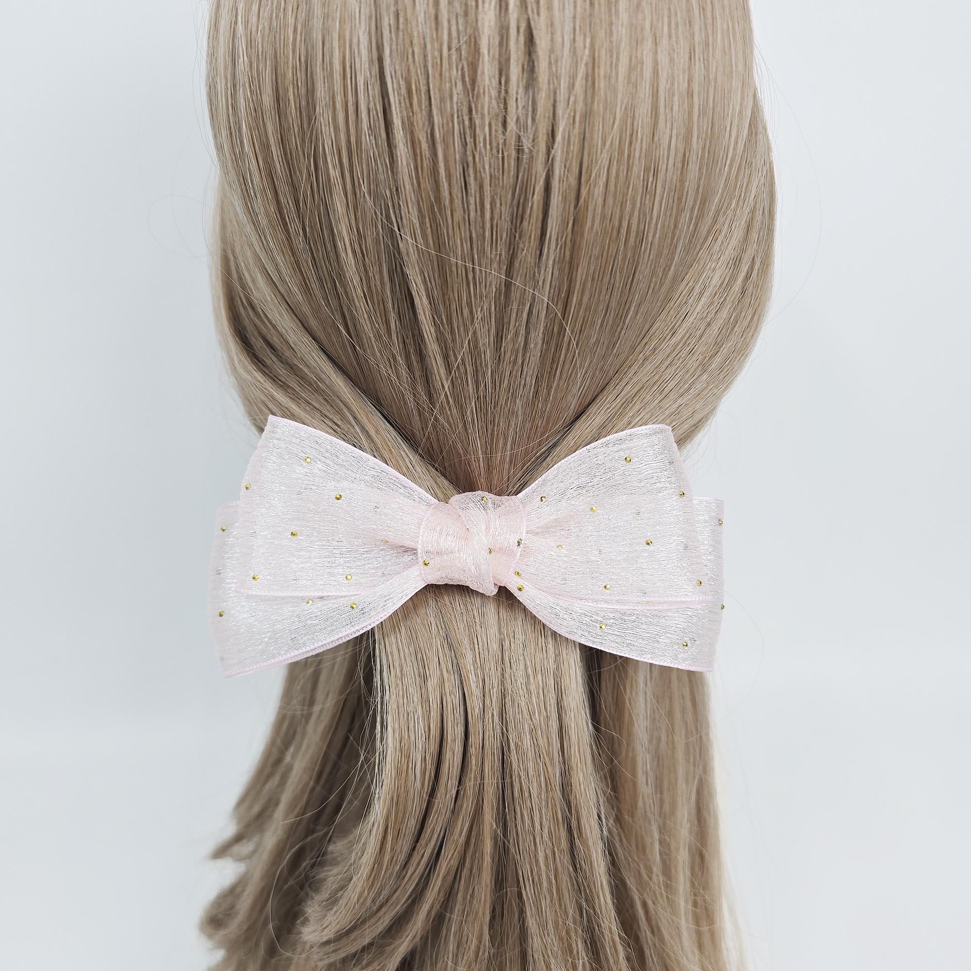 Sheer Chiffon Mini Gold Big Ribbon Flat Barrette (3.1 Inch) / Elegance French Hair Pin / Automatic Hair Clip