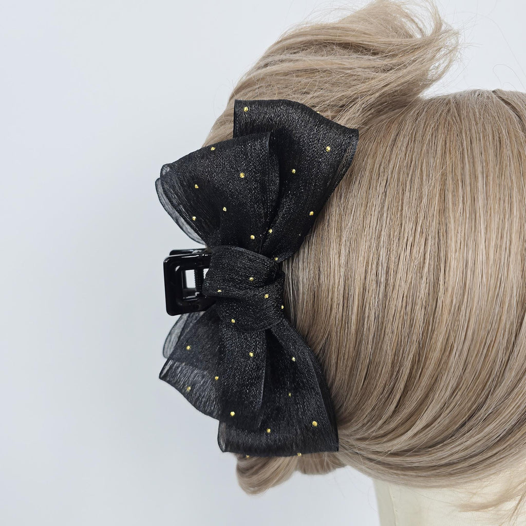 Sheer Chiffon Mini Gold Big Ribbon Updo Hair Claw Clip (5.1 Inch) / Large Hair Claw / Hair Accessory for Woman