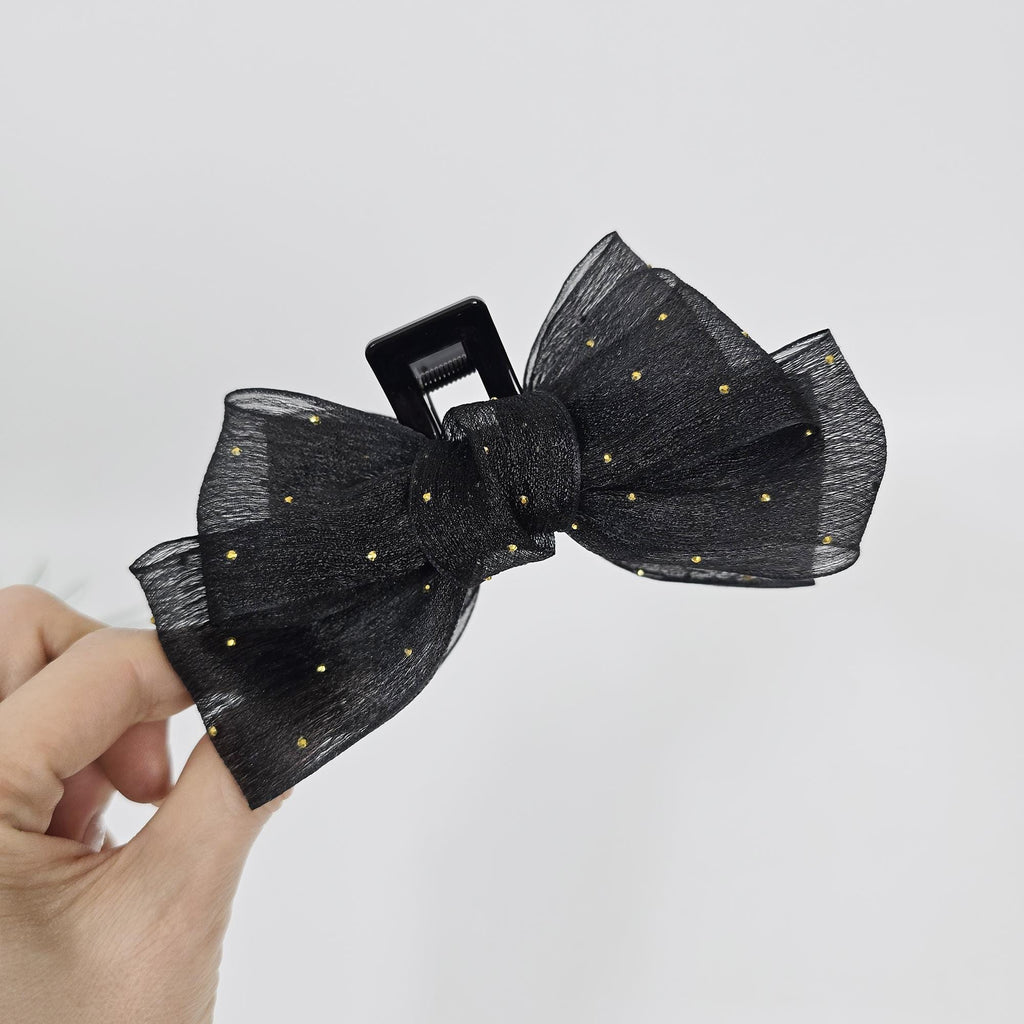 Sheer Chiffon Mini Gold Big Ribbon Updo Hair Claw Clip (5.1 Inch) / Large Hair Claw / Hair Accessory for Woman