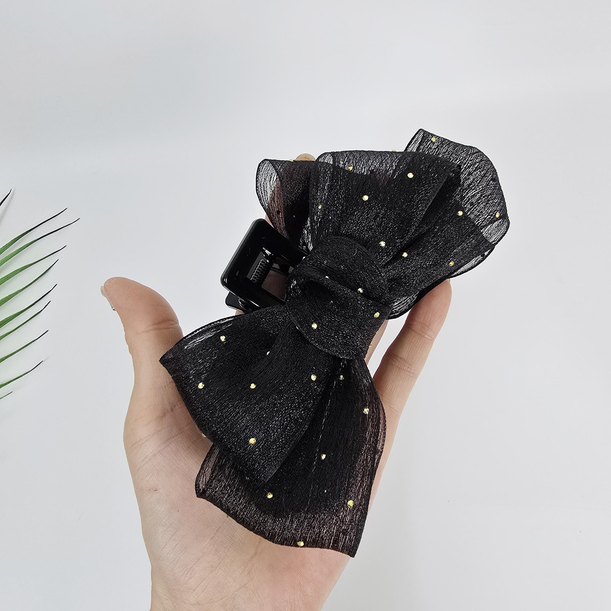 Sheer Chiffon Mini Gold Big Ribbon Updo Hair Claw Clip (5.1 Inch) / Large Hair Claw / Hair Accessory for Woman