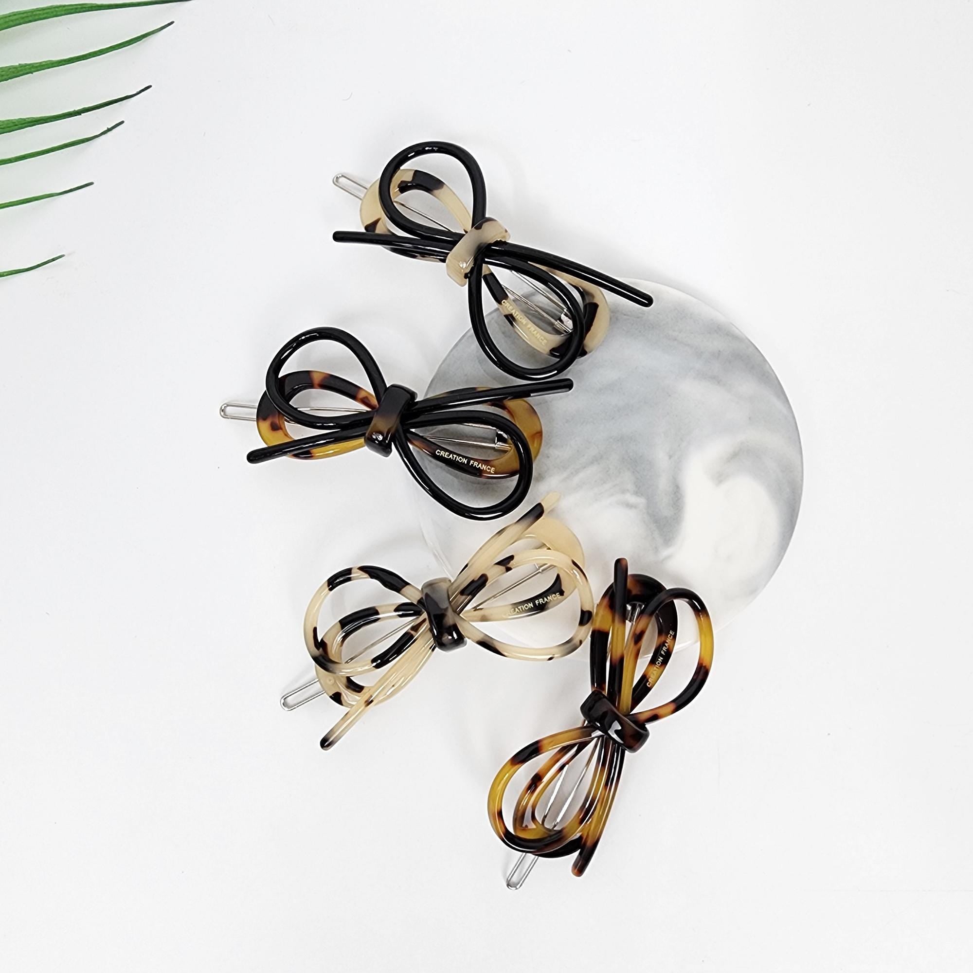 Leopard Marble Twin Ribbon Black Harmony Bobby Pin (2.6 Inch) / Cute French Hair Pin Clip / Hair Accessory for Woman / Bow Barrette