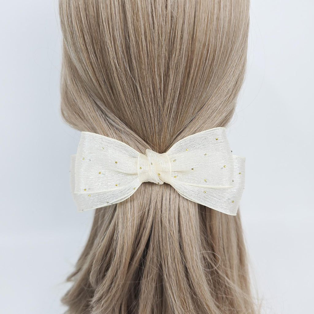 Sheer Chiffon Mini Gold Big Ribbon Flat Barrette (3.1 Inch) / Elegance French Hair Pin / Automatic Hair Clip